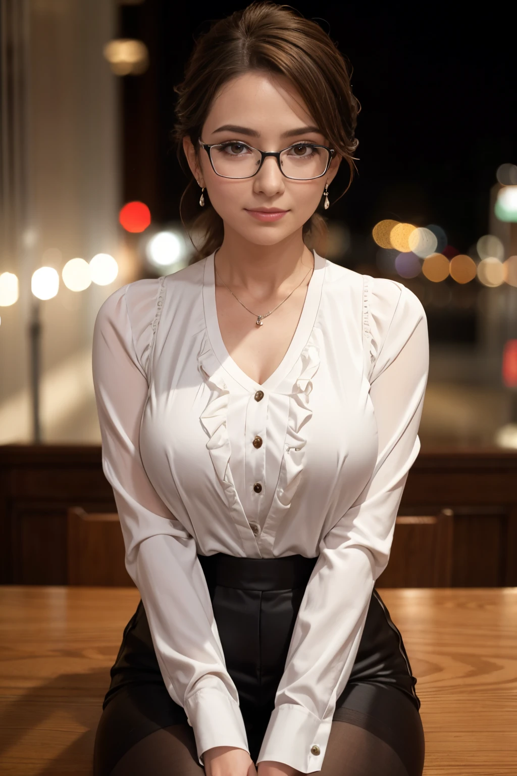 hight resolution, extremely detailed photo, hyper realstic, Professional Lighting, detailed bust, 8k wallpaper, masutepiece, Best Quality, 1girl in, bobhair, Look at viewers, Business suits, The shirt, Silver-rimmed glasses, Earring, a necklace, pantyhose, well-shaped bust, bokeh dof, Arms Down, Breasts squeezed together