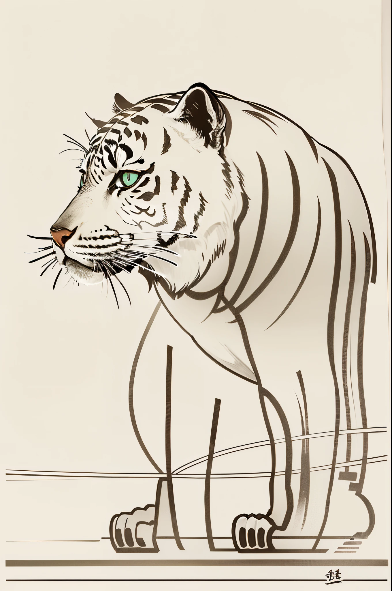 minimal art,Agnes DenesArt Style,stickfigure,Black line drawing of tiger,8K分辨率