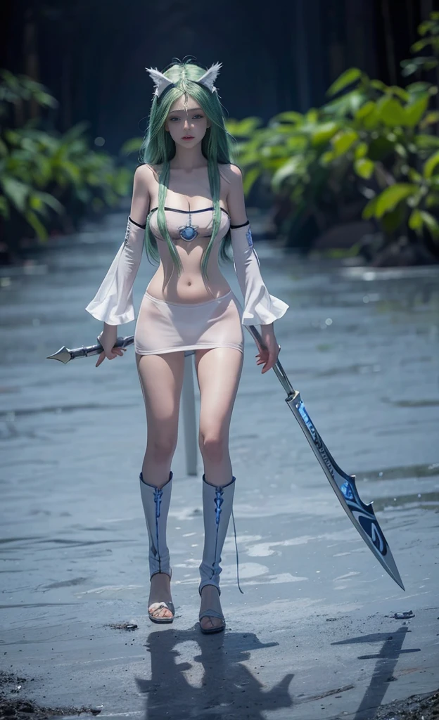 green blue hair,Nice face,Red bikini armor,Heterochromatic pupil,ssmile,rays of sunshine,Full body photo,the soft light