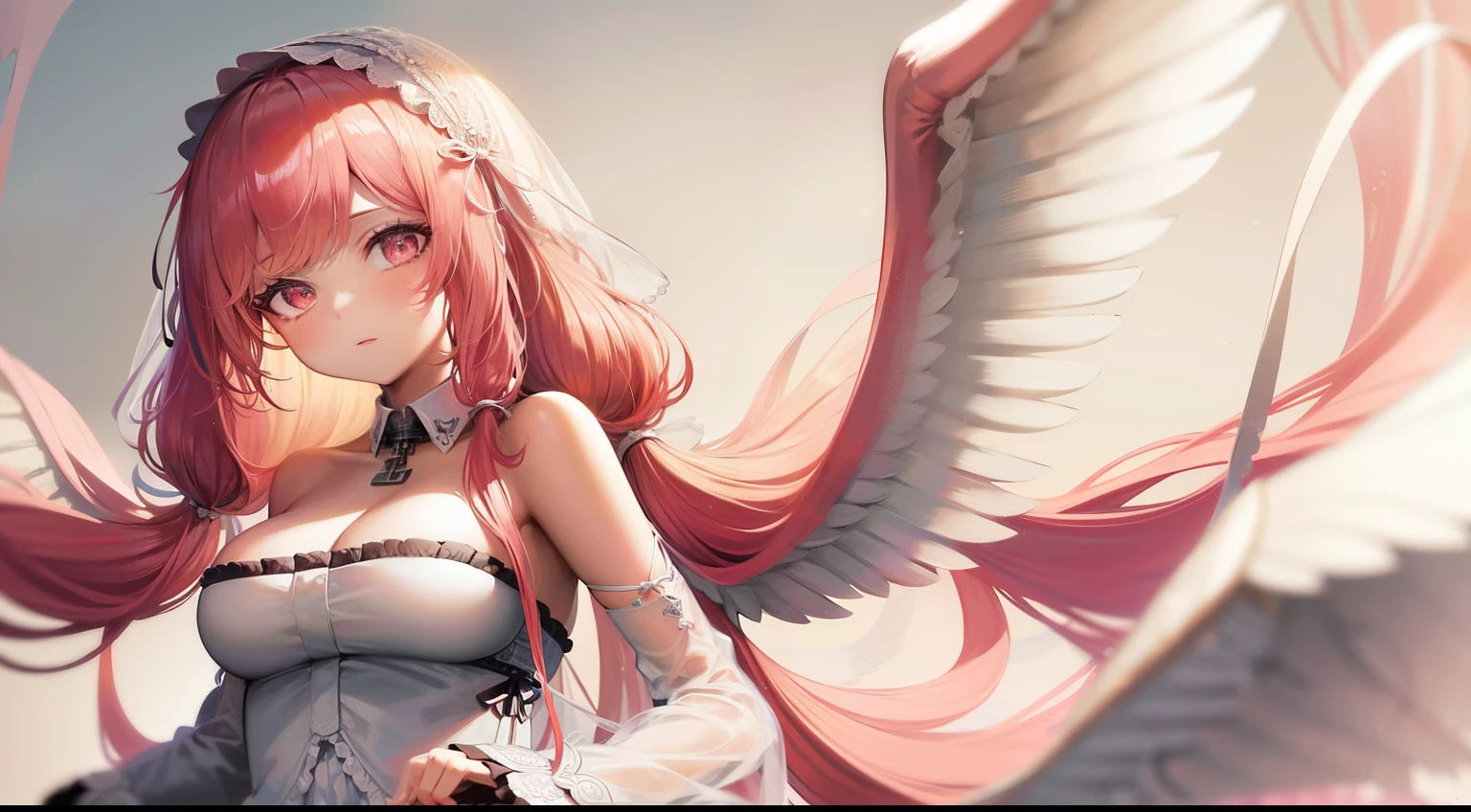 high detail, symmetrical, masterpiece, best quality, perseusorigin, detailed eyes, beautiful, extremely detailed, whithe _dress, angel_wings, white_legwear 1girl, solo, pinkhair, long hair, looking at viewer, breasts, same eye colour, wedding dress, outdoors, bridal veil, long dress, white dress, hoop skirt, clover