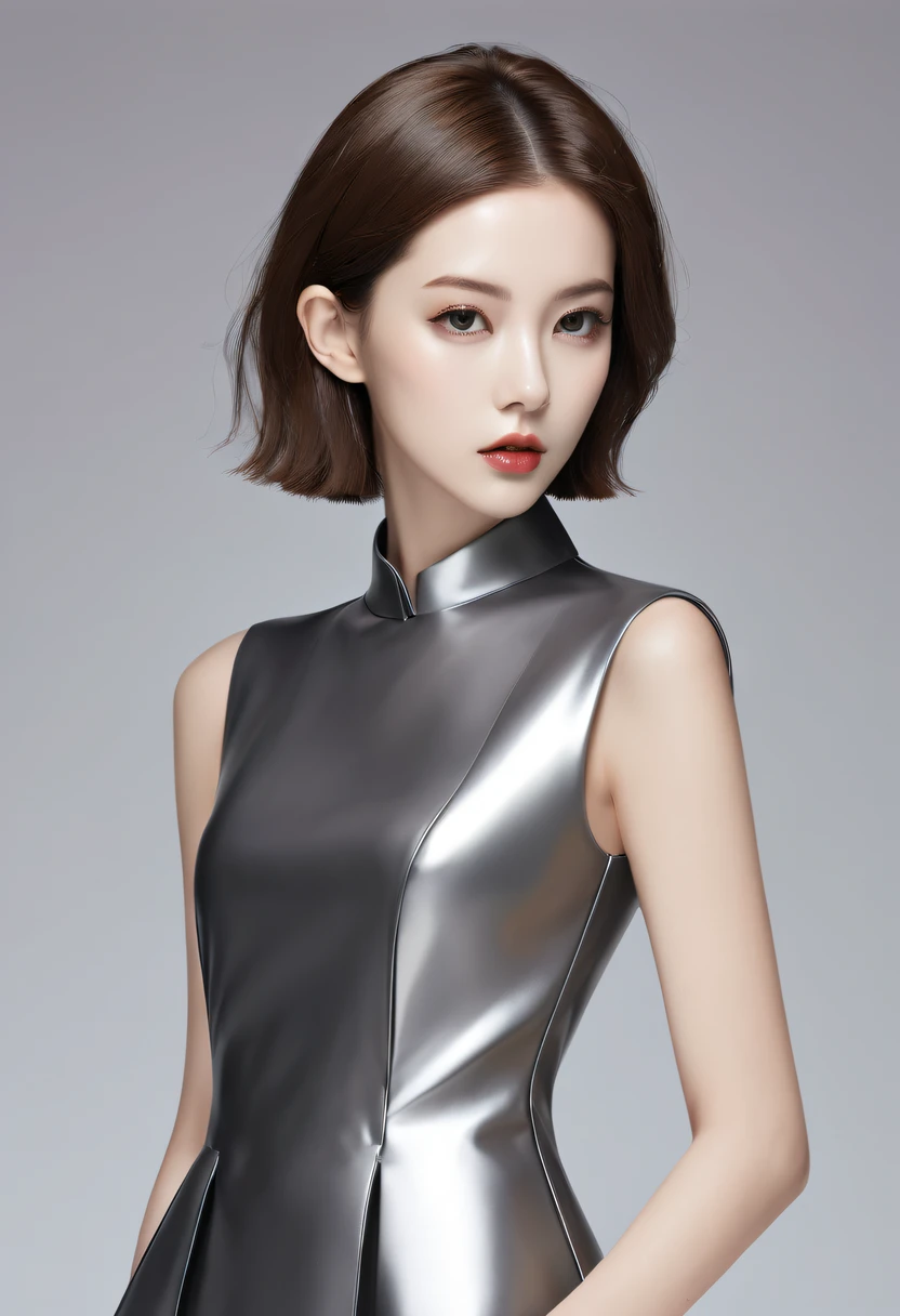 high-fashion portrait, (Best Quality, Detailed,masterpiece:1.2), Realistic, 1 girl, Pretty woman, all body shot, fashion model, dynamic pose, BREAK small head, BREAK (Detailed buttocks, Detailed legs, Detailed body line, firm huge breasts, very slim waist, firm large buttocks, beautiful Muscular legs, beautiful foot, exuding a sculptural beauty:1.2), White and beautiful Silky skin, thin and beautiful neck, (all body shot, dynamic pose:1.2), BREAK Opt for a sleek, form-fitting tank top in jet black, crafted from luxurious silk fabric with a subtle sheen,
Layer with a voluminous maxi skirt in stark white, featuring intricate pleating and futuristic geometric patterns,
BREAK
Accessorize with an abundance of statement jewelry, including chunky silver cuffs, oversized hoop earrings, and a sleek choker necklace for a touch of extravagance,
BREAK
Complete the ensemble with patent leather ankle boots in glossy black, featuring metallic embellishments and sculptural heels for added drama,
Carry a structured clutch purse in sleek white leather, adorned with futuristic hardware accents for a modern twist,
BREAK
Style hair in a sleek, architectural updo, with sharp angles and glossy finishes for a futuristic vibe,
BREAK small head, Detailed face, cute and Pretty slim face, Duck mouth, perfect beautiful Tooth, arranged gray hair, shiny eyes, Light-colored eyes, looking viewer,, BREAK (in a concrete), 