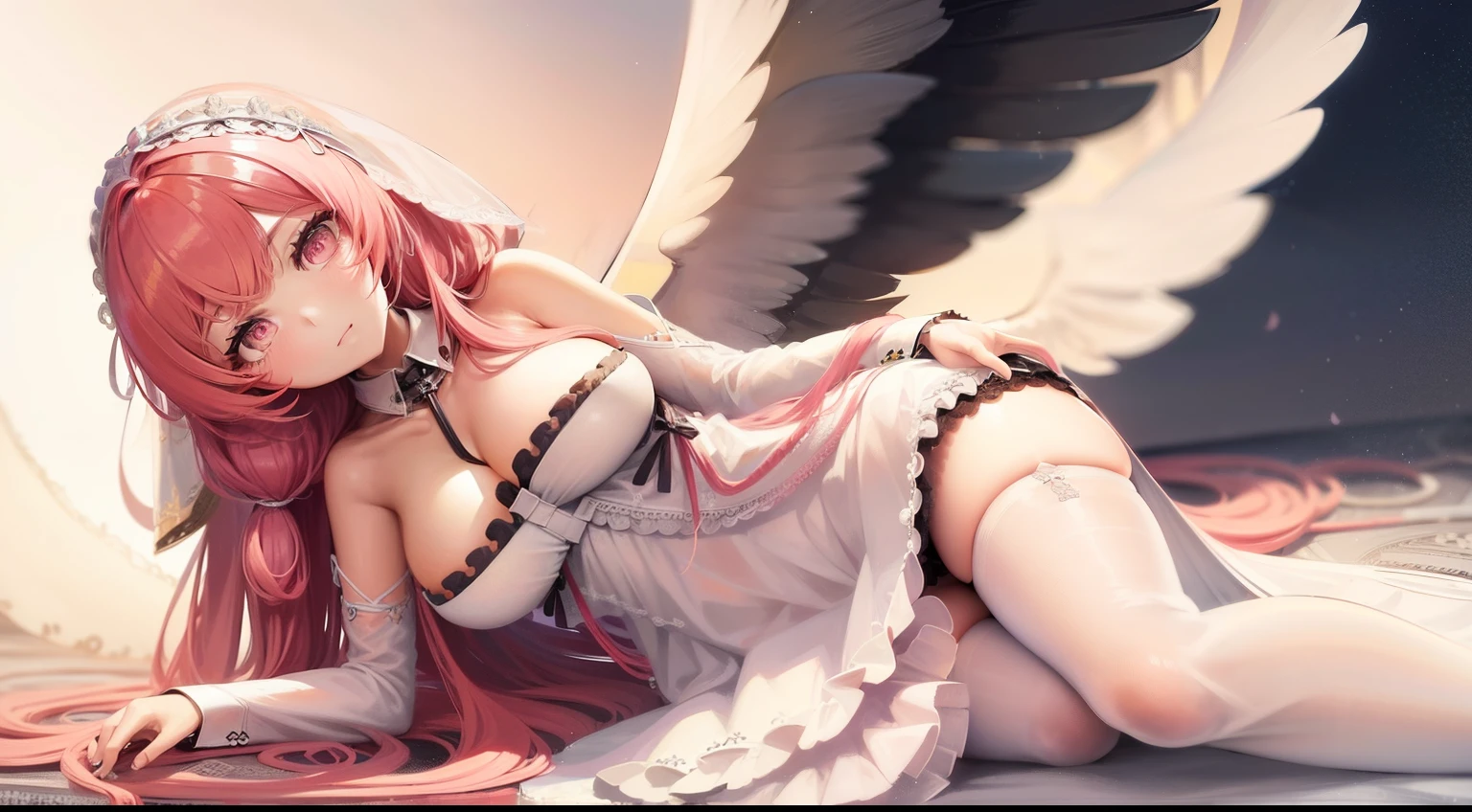 high detail, symmetrical, masterpiece, best quality, perseusorigin, detailed eyes, beautiful, extremely detailed, whithe _dress, angel_wings, white_legwear 1girl, solo, pinkhair, long hair, looking at viewer, breasts, same eye colour, wedding dress, outdoors, bridal veil, long dress, white dress, hoop skirt, clover