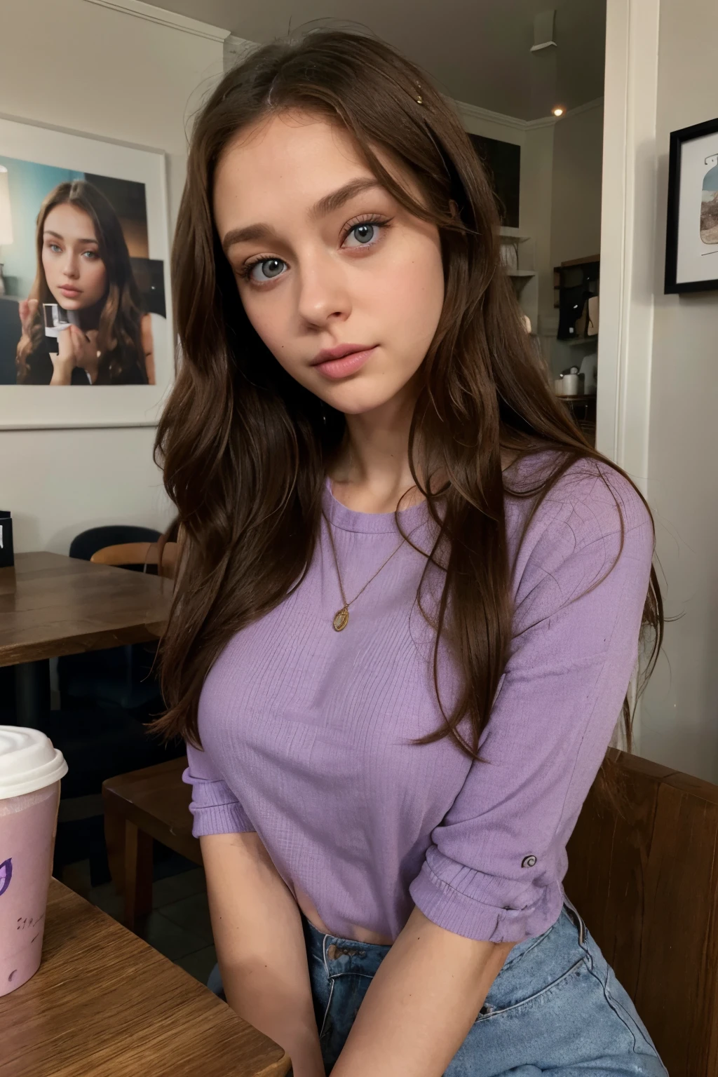 Woman in purple sweater posing in front of a window, Retrato Sophie Mudd, purple outfit, pale skin and purple eyes, purple top, con brillantes ojos morados, with vivid black eyes, her face looks like an orchid, wearing a purple tracksuit, dressed in purple, Ropa morada, Hermosa Kacey Rohl, hermosa dama, with pale skin