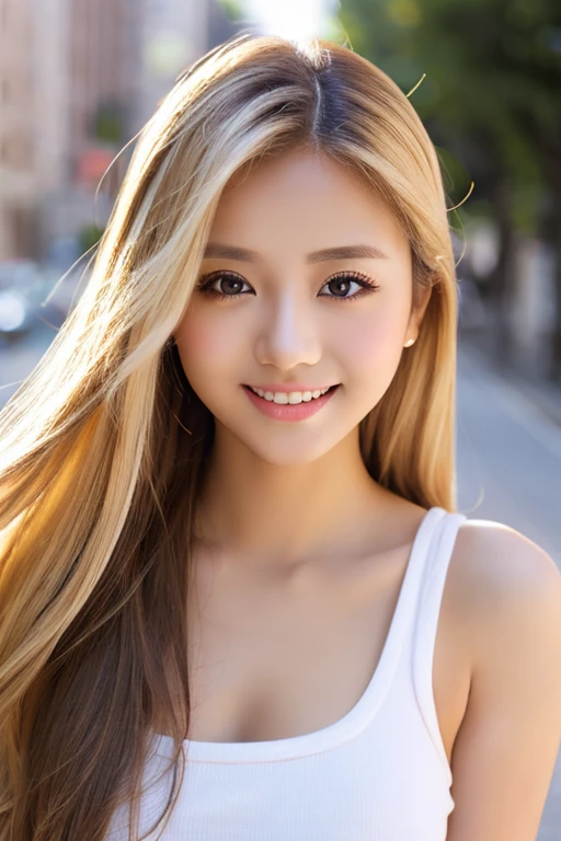 20Old Female、Blonde longhair、Atmosphere of girls in Minato Ward、Sexy chest clothes、Glossy look、Provocative look、Smiling suspiciously、Very beautiful、unbelievably beautiful、Sexy atmosphere、Puffing out cheeks、cheeks are reddened、Embarrassing、There's a boyfriend I like in front of me、My eyes are clear、light skinned、skin whitening、美丽的面容、Double eyelids、Big eyes、Wearing a white tank top、more beautiful than anyone、college madonna
