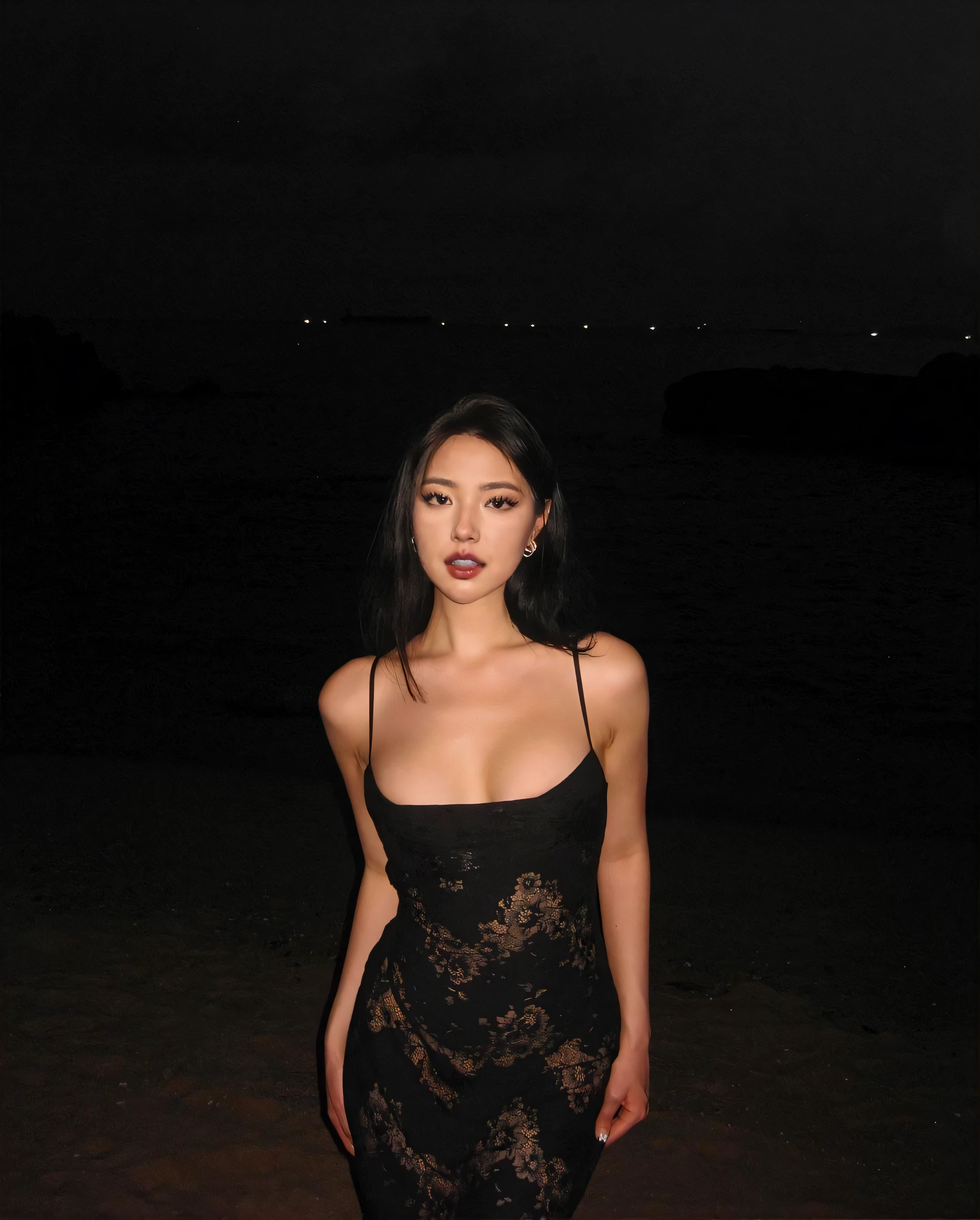 arafed femme dans une robe noire debout sur une plage la nuit, belle fille asiatique, Fille asiatique, Belle femme asiatique, Une femme asiatique, Asiatique, Elle porte une robe noire, Attractive lady, Porter une robe noire, Standing by the beach, femme asiatique, Femmes asiatiques, Une jeune femme asiatique, Porter une robe noire moulante, Mai Anh Tran