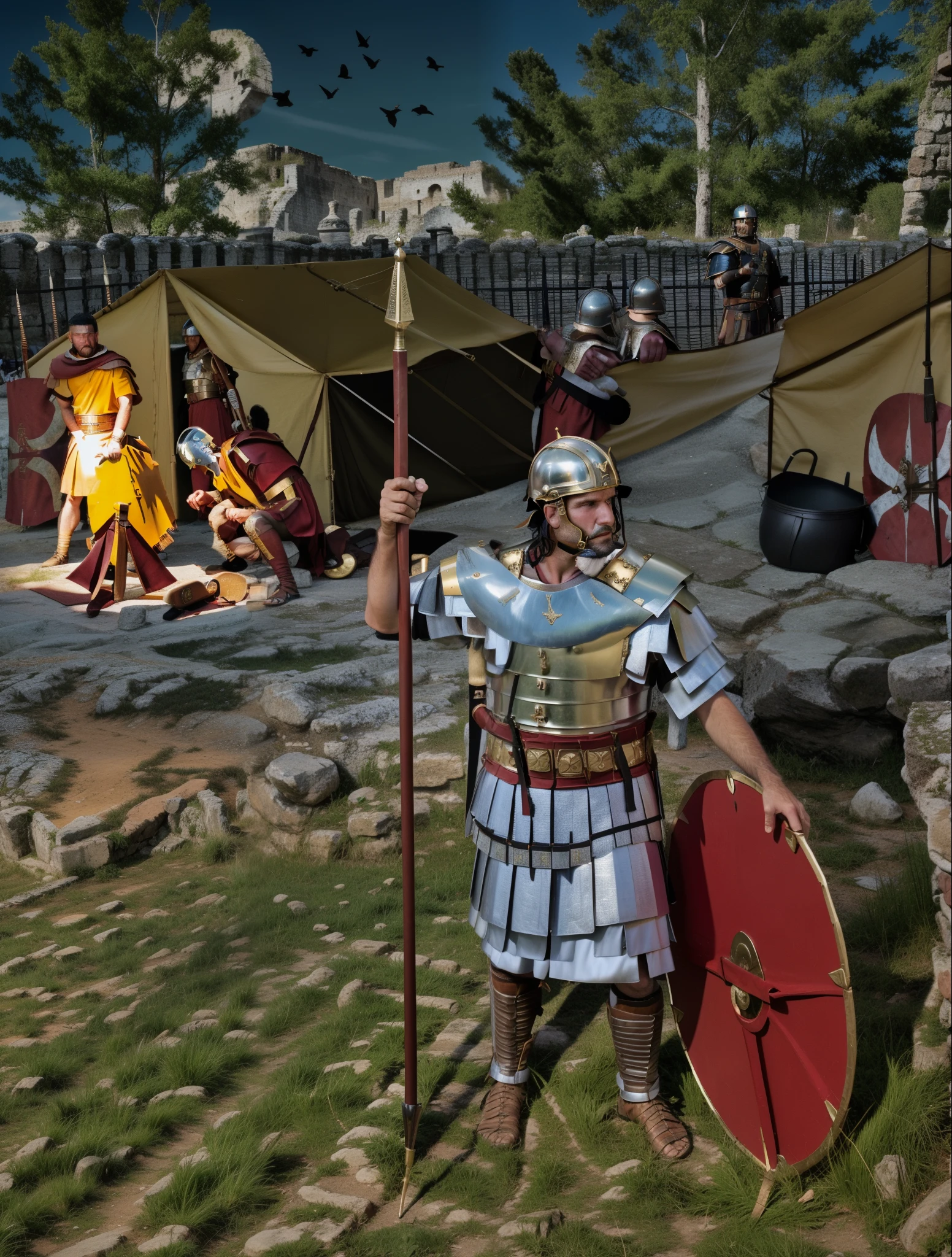 there a man dressed in a roman soldier outfit holding a spear, roman legionnaire, ancient soldier, sneering roman legioneer, roman centurion, roman festival backdrop, dressed in roman armour, roman gladiator, in a gladiators arena landscape, dressed in roman clothes, undead soldiers in background, leading spartans into battle, clothed in ancient battle armor