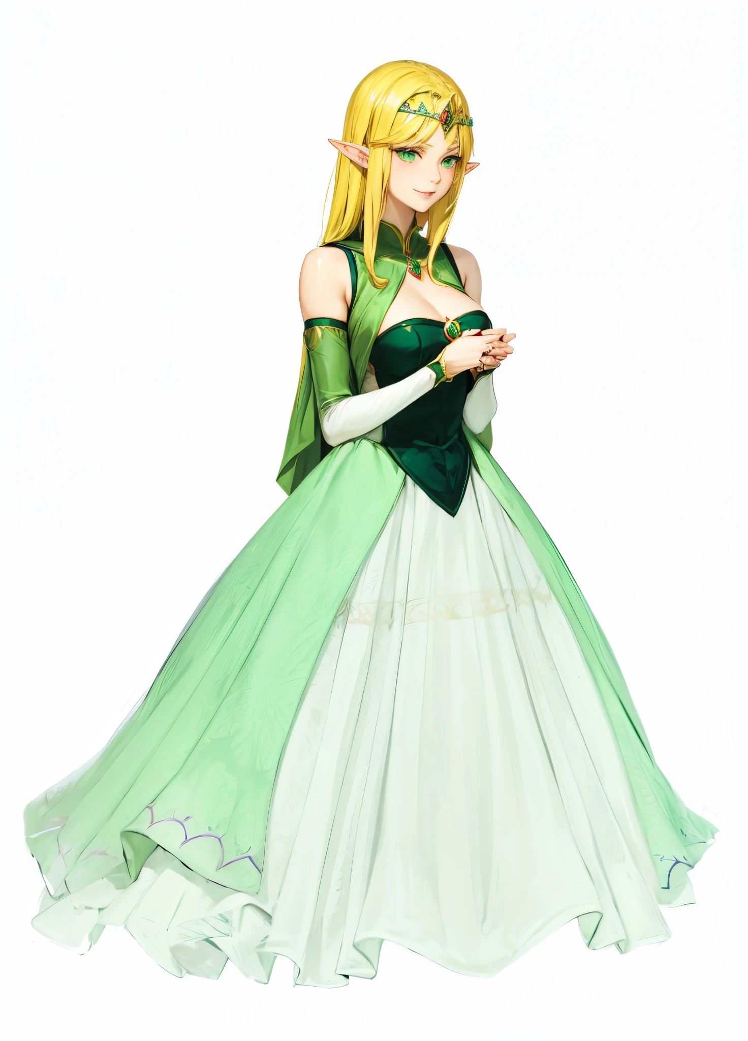 Anime sharp ear and blonde green eyes smiling woman with tiara on her head wearing green gown posing holding hand, pendamt on her chest, gold tiara with green pendant, red lips and red cheeks woman, elf girl, elf princess, an elf queen, elf queen, a blonde emerald warrior, elven princess, blonde - haired princess, beautiful and elegant elf queen, portrait of an elf queen