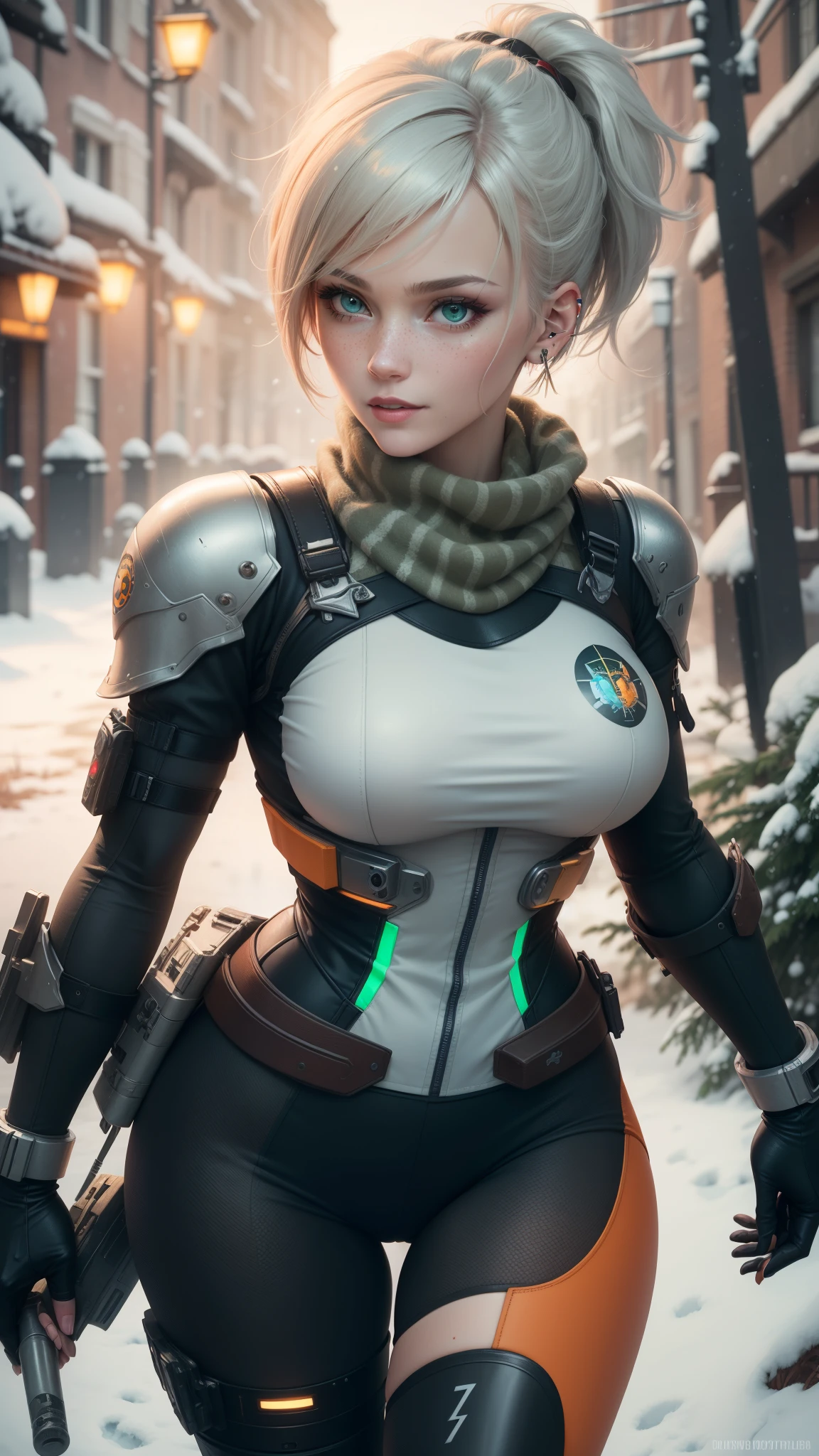 gwen tennyson,tracer,yorha 2b,rebecca chambers,overwatch,atelier ryza,close up,christmas forest,tattoos,orange plugsuit,short sleeve pilot top,short sleeve cyborg pilot jacket,orange sport leggings,cyborg pilot leather corset,short hair,punk makeup,green eyes,multicolored silver hair,sexy smile,freckles,beautiful girl,large breasts,8k,ultra detailed,realistic,fantasy art,steel armor,cyborg armor,fur armor, gundam pilot uniform,pilot scarf,pilot hair pin,ear piercings,christmas tree, military hand and neck jewelry,walking,(weather:snowing),close up,