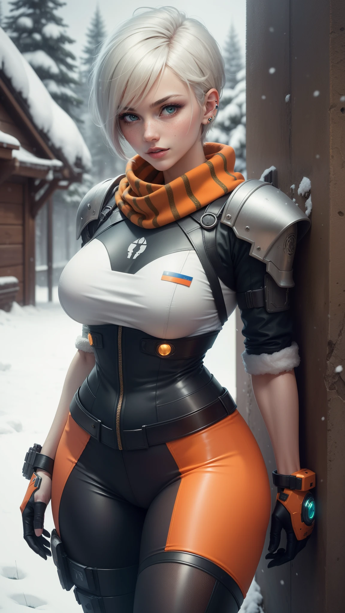 gwen tennyson,tracer,yorha 2b,rebecca chambers,overwatch,atelier ryza,close up,christmas forest,tattoos,orange plugsuit,short sleeve pilot top,short sleeve cyborg pilot jacket,orange sport leggings,cyborg pilot leather corset,short hair,punk makeup,green eyes,multicolored silver hair,sexy smile,freckles,beautiful girl,large breasts,8k,ultra detailed,realistic,fantasy art,steel armor,cyborg armor,fur armor, gundam pilot uniform,pilot scarf,pilot hair pin,ear piercings,christmas tree, military hand and neck jewelry,walking,(weather:snowing),close up,
