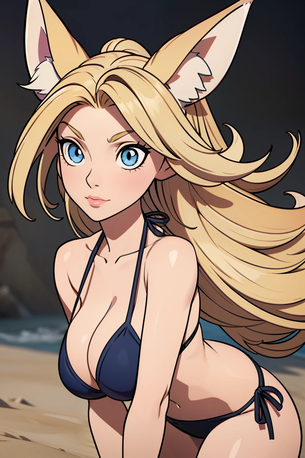 1girl, full body, ager, solo, (very long waist length blonde hair, straight blonde hair: 1.28), ((light blue eyes)), perfect clear skin, (large darker fox ears: 1.35), pale skin, large breasts, cleavage, (thin hips, thin waist , athletic body: 1.25), background, looking away, (wearing only a bikini: 1.5), kneeling in the sand, masterpiece, best quality,3d rending work ,3DMM style, close-up, portrait, 3D,