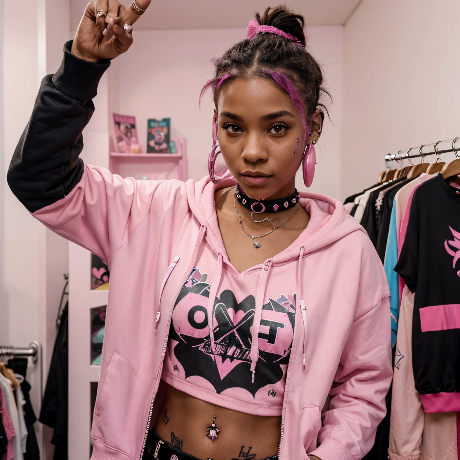 Young black punk nonbinary girl with pink hoodie holding up a peace sign in a modern pink city in a pink music shop with pink ear phones on everything’s pink in the background. She has tattoos and piercings and a spiked choker and teal gauges in her ears. Hyper realistic digital