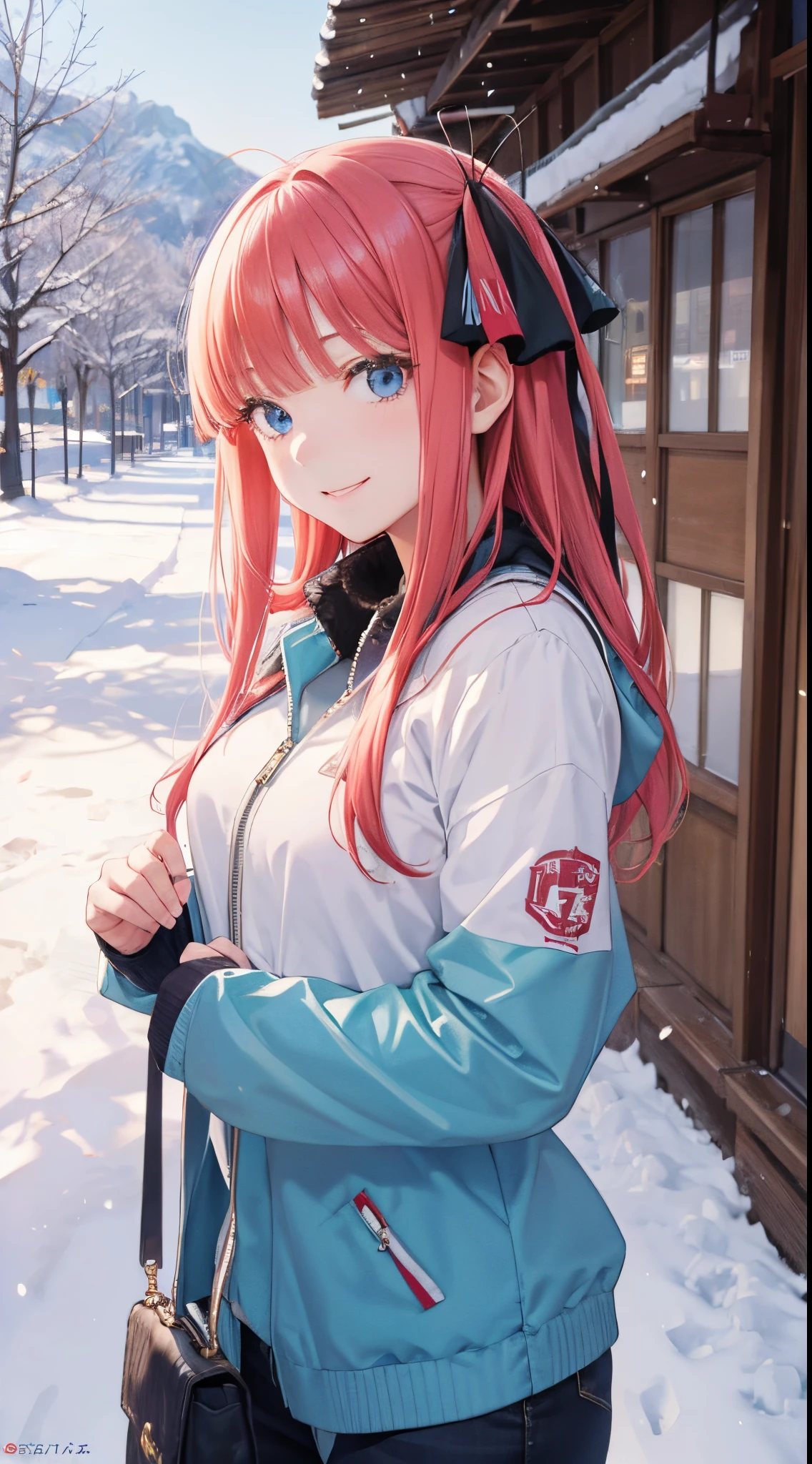 Nino Nakano sonriendo,cabello largo,sexy,ropa de nieve,parque nevado