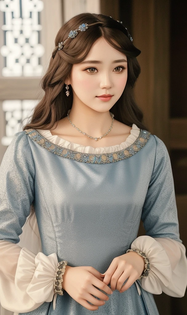 un primer plano de una mujer con un vestido azul y un collar, con un vestido estilo Tudor, Llevar elegantes ropas Tudor, amazing fabric, Medieval, Princesa Medieval, Estilo de Juego de Tronos, Ropa Tudor, ulzzang, maquillaje popular de Corea del sur
