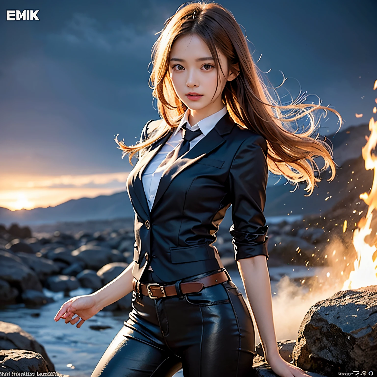 (masutepiece, Best Quality:1.2), 8K, Official art, Wearing a suit、Photo of Five Fingerl's body, full body Esbian、Beautiful barefoot woman with dark hair in swimming suit floating in the air, hold a flame in your right hand、in his left hand he holds a lightning bolt、Bright lava light rises above the broken Earth from beneath the asteroid belt(Jagged rock rocks and fragments shot into the air:1.3) (Storm of windy dust debris:1.1) Volume fogmist by trace Z、It can allow bright light from below to pass through、 (masterpiece) (top-quality) (detaileds) (8K) (电影灯光) (foco nítido) (Convoluted)A dark-haired、years、small tits、A delightful、A smile、Beautiful girl with an incredibly ridiculous upper body, Pretty Face, arching back down, Gold hair ornament on hair、Wearing a cute suit、close up, Wearing a suit, Short sleeve, gardenia, violaceaess, , spaces , Looking at Viewer, Film grain, chromatic abberation, Sharp Focus, face lights, Dynamic lighting, Cinematic lighting, Eyes and faces with detailed, Bokeh background, (Tie with Emma written on it、1 copy:1.2)
