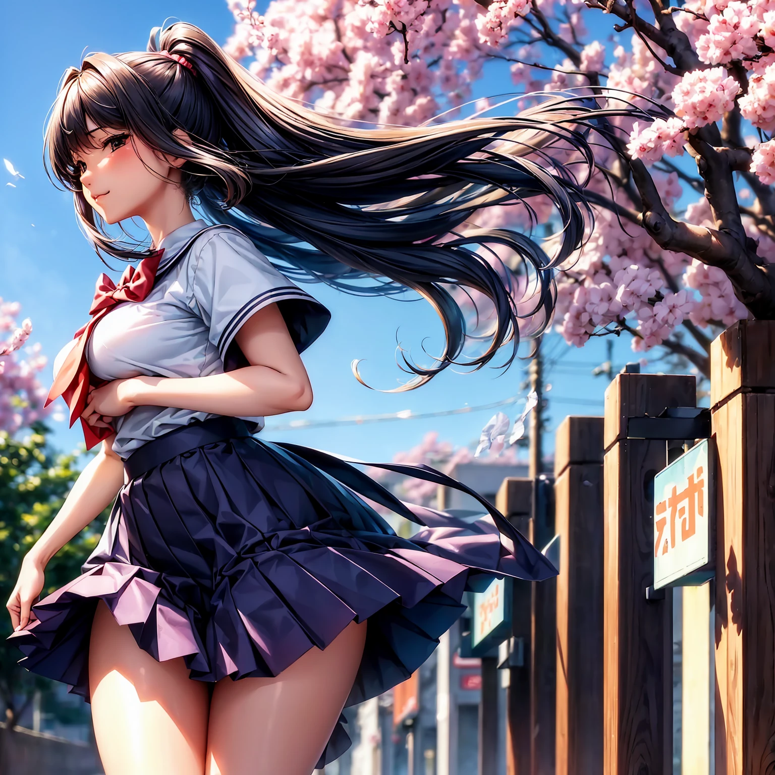 One girl、super quality、Looking up at the scenery of cherry blossoms in full bloom、A high school girl looking back at me、Nice body、the skirt is short,、Ultra HD、amazing