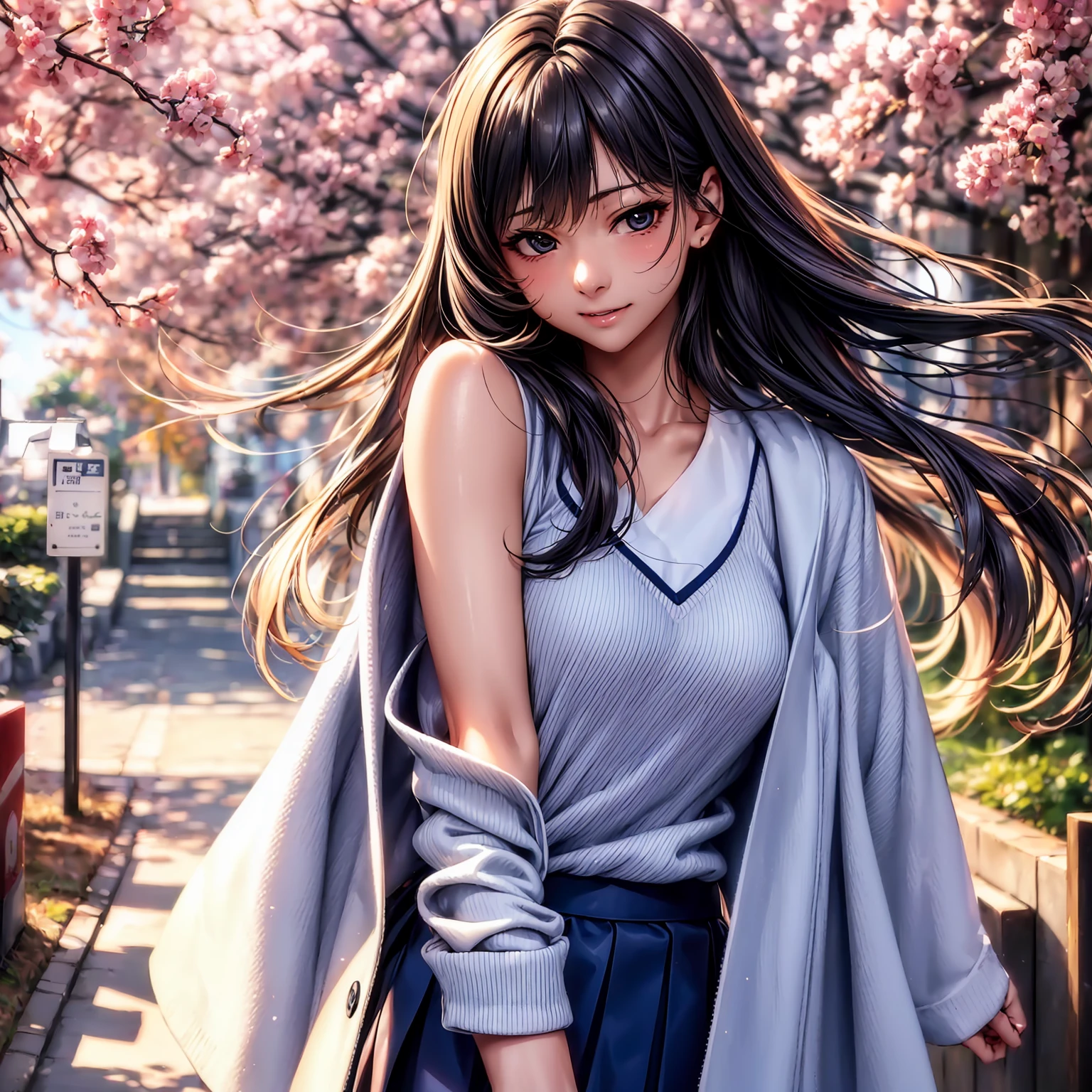 (top quality picture、masterpiece level、very high res、超A high resolution,High-quality detail)、(An 18-year-old beautiful girl with perfect and ultimate beauty.,beautiful breasts and body shape,Beautiful body,美丽的面容:1.5)、Wide variety of hairstyles,Beautiful hair,Realistic textures,beautiful colors,(Wearing a Japan high school uniform,high-school uniform,School uniform,hi-school girl,schoolgirl),has a bright smile,line of sight,Mouth opens,The wind is blowing,Hair flutters under the influence of the wind,In front of the school gate at dusk,The cherry tree,Beautiful Landscapes,(The whole body,thigh visible,accurate anatomy、extremely detailed picture、Accurate images、Perfect Image 1.5)、beautiful anime woman, Beautiful Art Style, an animated character、(The whole picture、Detailed picture、Defect-free images、natural soft light、beautiful image),(Best Shot 1.2)
