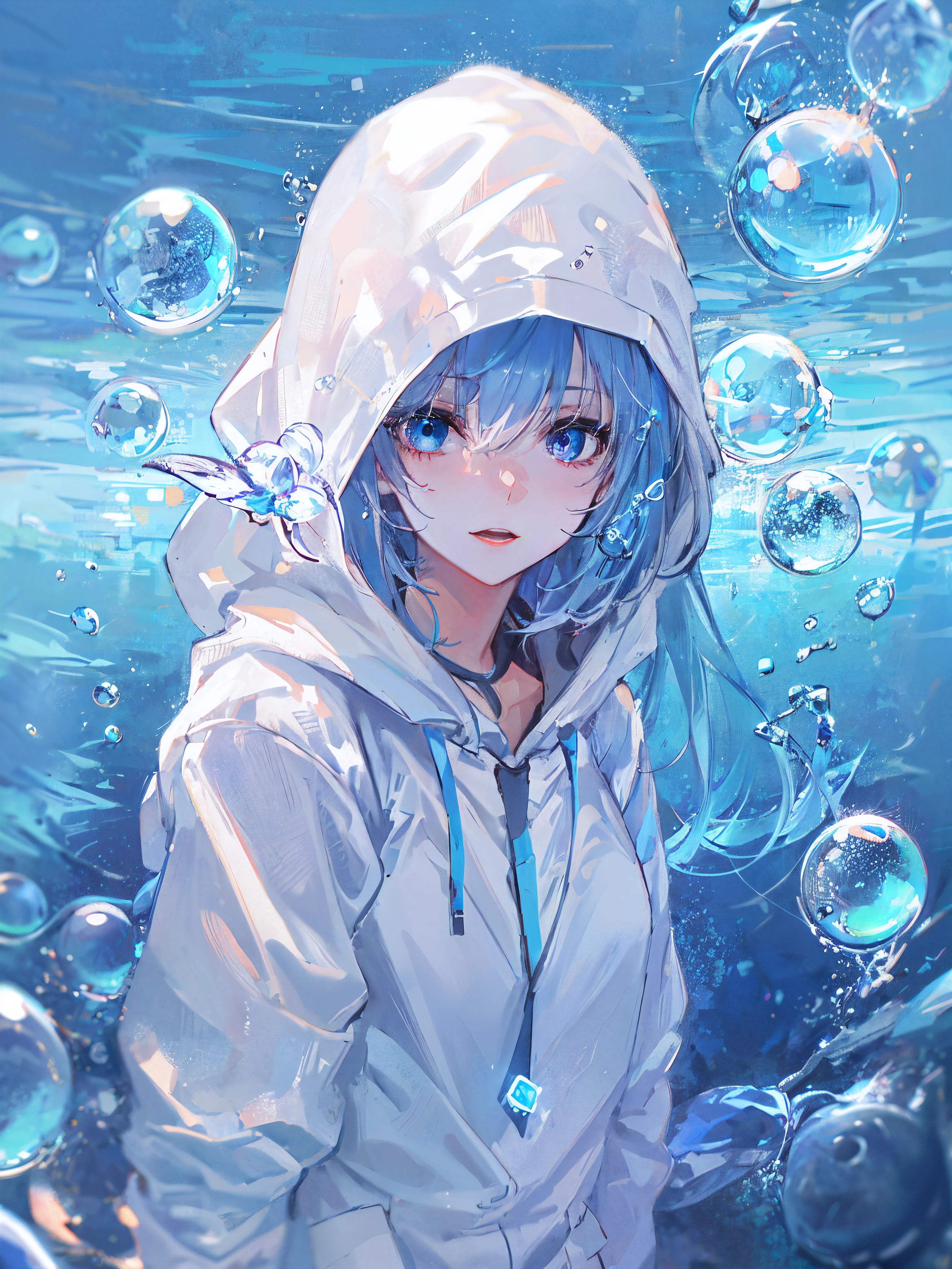 ((top-quality)), ((masterpiece)), ((ultra-detailliert)), (Extremely delicate and beautiful), girl with, 独奏, cold attitude,((White hoodie)),She is very(relax)with the(Settled down)Looks,depth of fields,Evil smile,Bubble, under the water, Air bubble,Underwater world bright light blue eyes,inner color with bright gray hair and light blue tips,,,,,,,,,,,,,,,,,,,,,,Cold background,Bob Hair - Linear Art, shortpants、knee high socks、White uniform like school uniform、Light blue ribbon ties、Clothes are sheer、The hand in my right pocket is like a sapphire,Fronllesse Blue, A small blue light was floating、fantastic eyes、selfy,Self-shot、Bangs fall on the eyes, give a sexy impression.