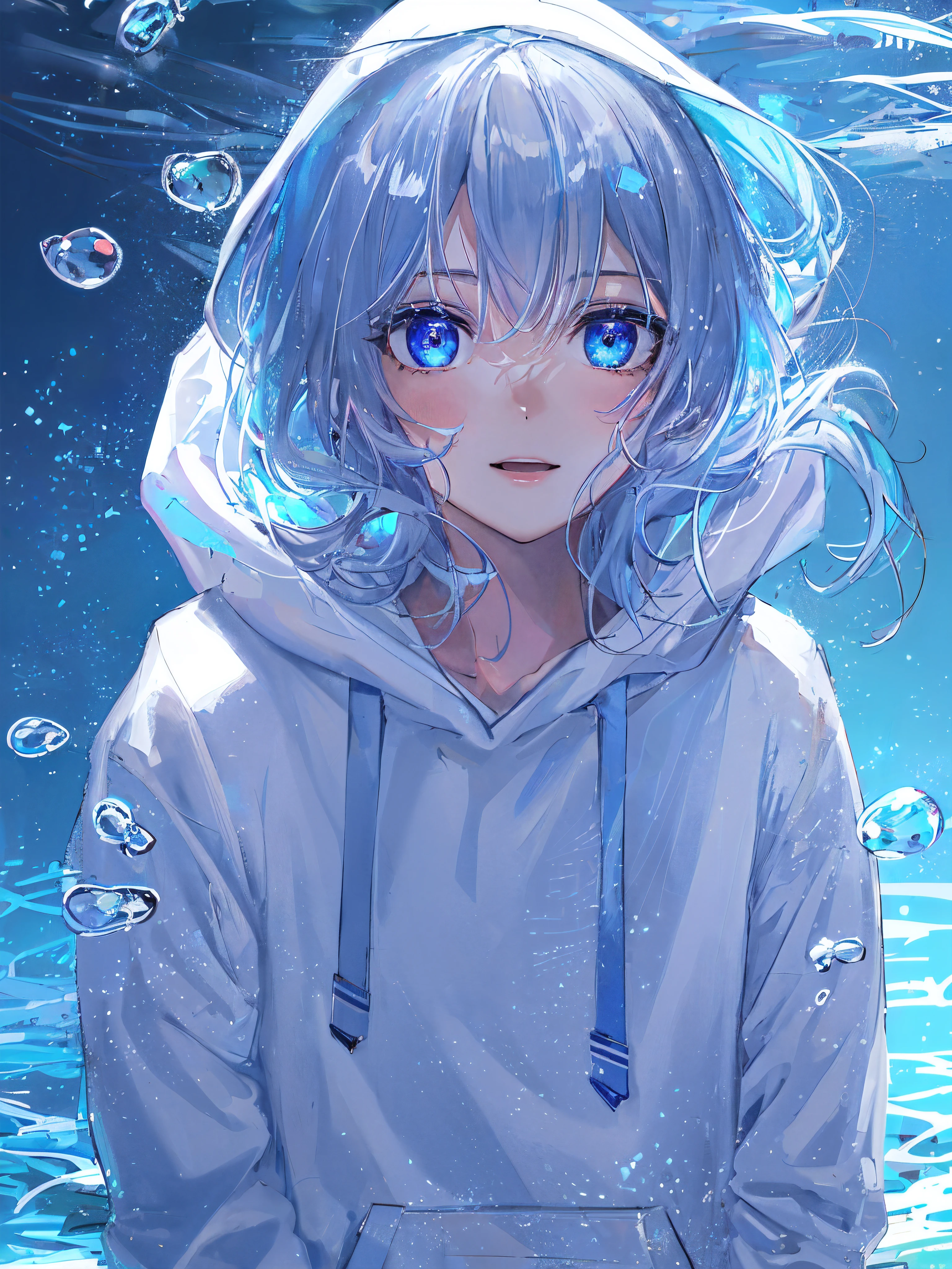 ((top-quality)), ((masterpiece)), ((ultra-detailliert)), (Extremely delicate and beautiful), girl with, report, cold attitude,((White hoodie)),She is very(relax)with the(Settled down)Looks,depth of fields,Evil smile,Bubble, under the water, Air bubble,Underwater world bright light blue eyes,inner color with bright gray hair and light blue tips,,,,,,,,,,,,,,,,,,,,,,Cold background,Bob Hair - Linear Art, shortpants、knee high socks、White uniform like school uniform、Light blue ribbon ties、Clothes are sheer、The hand in my right pocket is like a sapphire,Fronllesse Blue, A small blue light was floating、fantastic eyes、selfy,Self-shot