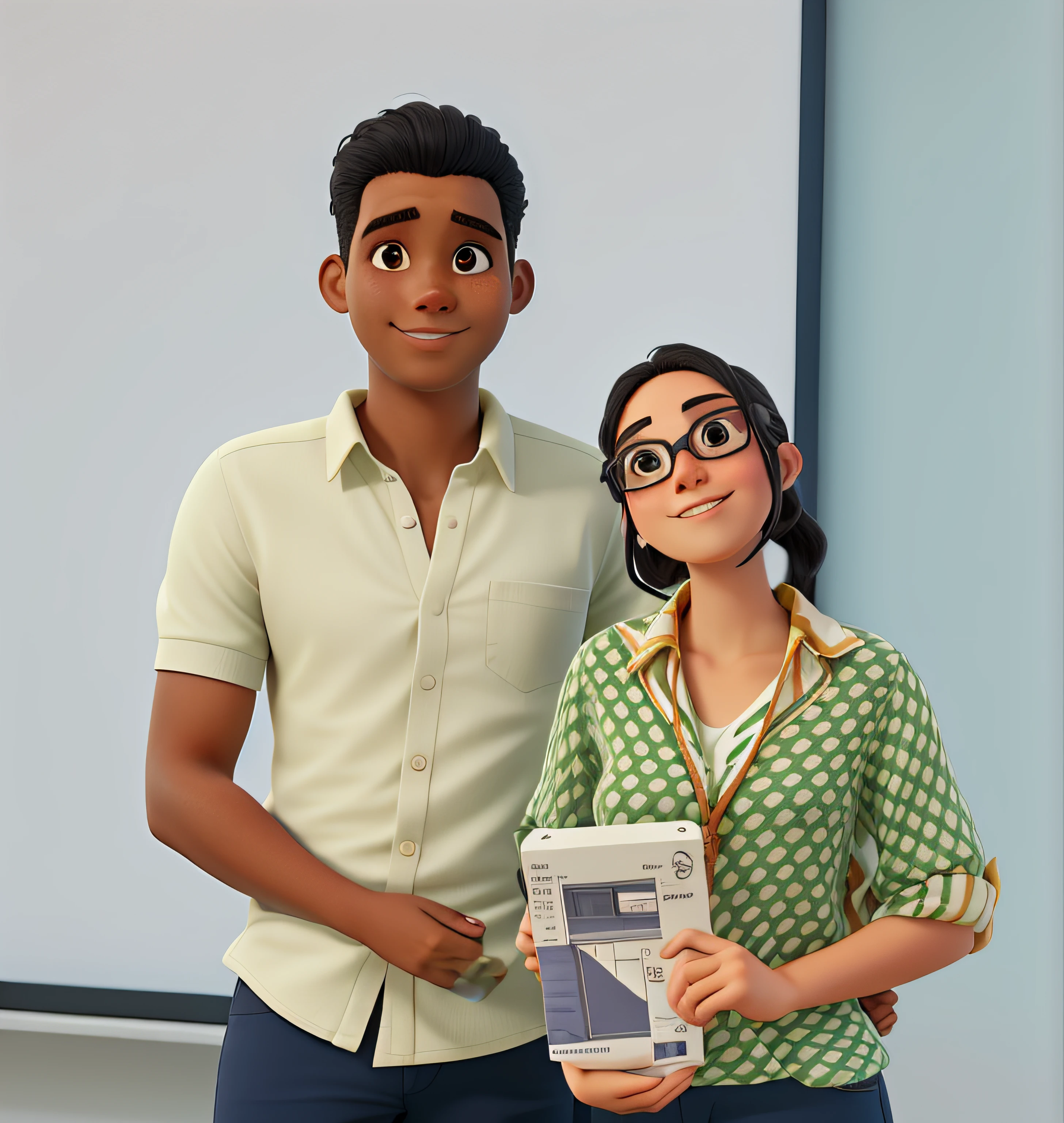 A couple embracing, composto por um homem negro e uma mulher de pele clara, cabelo liso, sorrindo, at a hall.