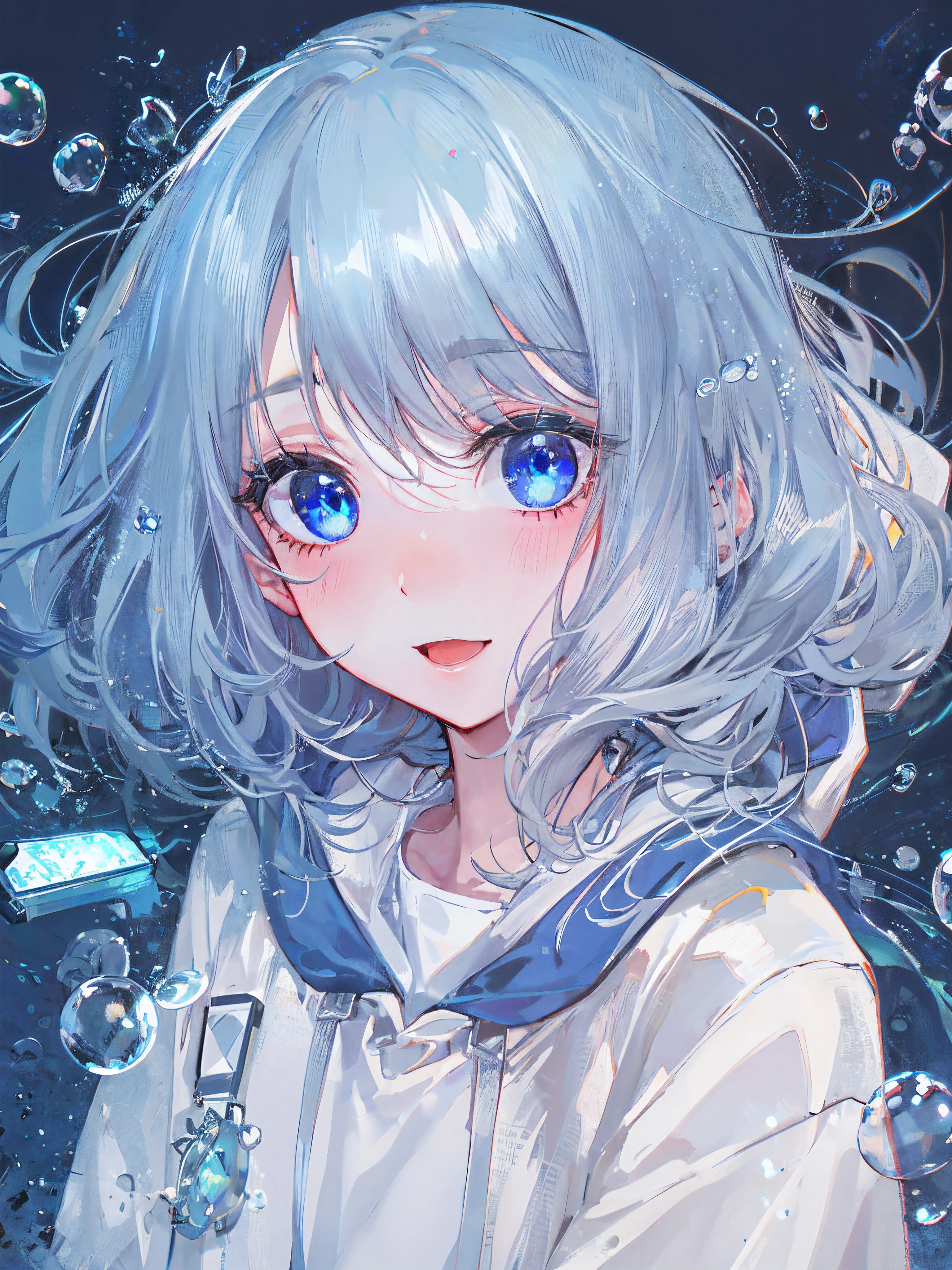 ((top-quality)), ((​masterpiece)), ((ultra-detailliert)), (Extremely delicate and beautiful), girl with, report, cold attitude,((White hoodie)),She is very(relax)with  the(Settled down)Looks,depth of fields,Evil smile,Bubble, under the water, Air bubble,Underwater world bright light blue eyes,inner color with bright gray hair and light blue tips,,,,,,,,,,,,,,,,,,,,,,,,Cold background,Bob Hair - Linear Art, shortpants、knee high socks、White uniform like school uniform、Light blue ribbon ties、Clothes are sheer、The hand in my right pocket is like a sapphire,Fronllesse Blue, A small blue light was floating、fantastic eyes、selfy,Self-shot、Bangs fall on the eyes, give a sexy impression.