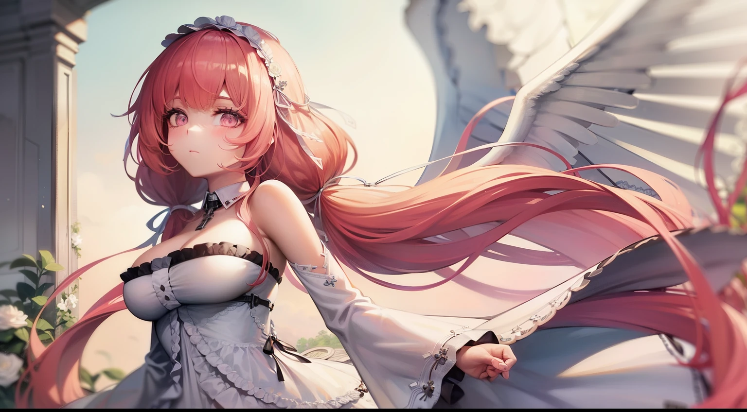 high detail, symmetrical, masterpiece, best quality, perseusorigin, detailed eyes, beautiful, extremely detailed, whithe _dress, angel_wings, white_legwear 1girl, solo, pinkhair, long hair, looking at viewer, breasts, same eye colour, wedding dress, outdoors, bridal veil, long dress, white dress, hoop skirt, clover