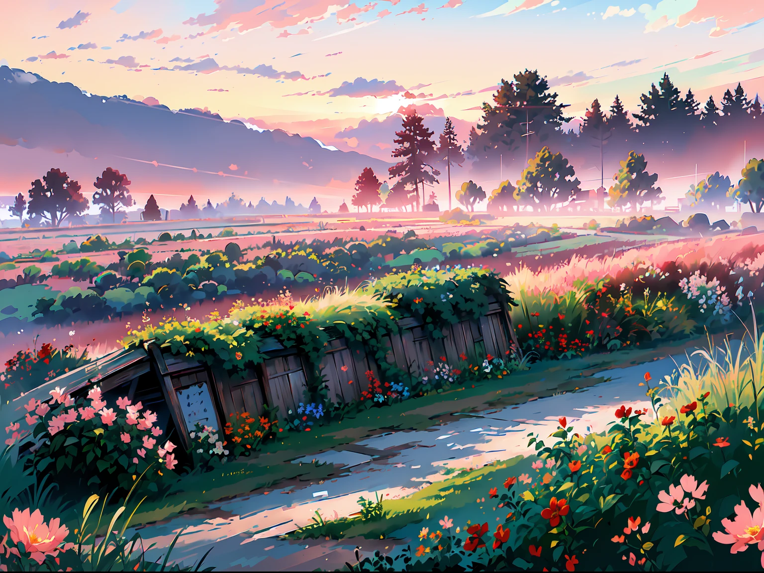 (masterpiece, best quality:1.2), (no human:1.3), garden, beautiful, (Evening, red sky:1.7), clouds, clean, shack, fence, (flowers, minimalism:1.4), ultra clean, Ultra detailed, studio ghibli, landscape, wallpaper, clean, warm tone, god rays, anime style, cinematic lighting, bloom, ray tracing, reflection light, masterpiece, super detail, highres, best quality