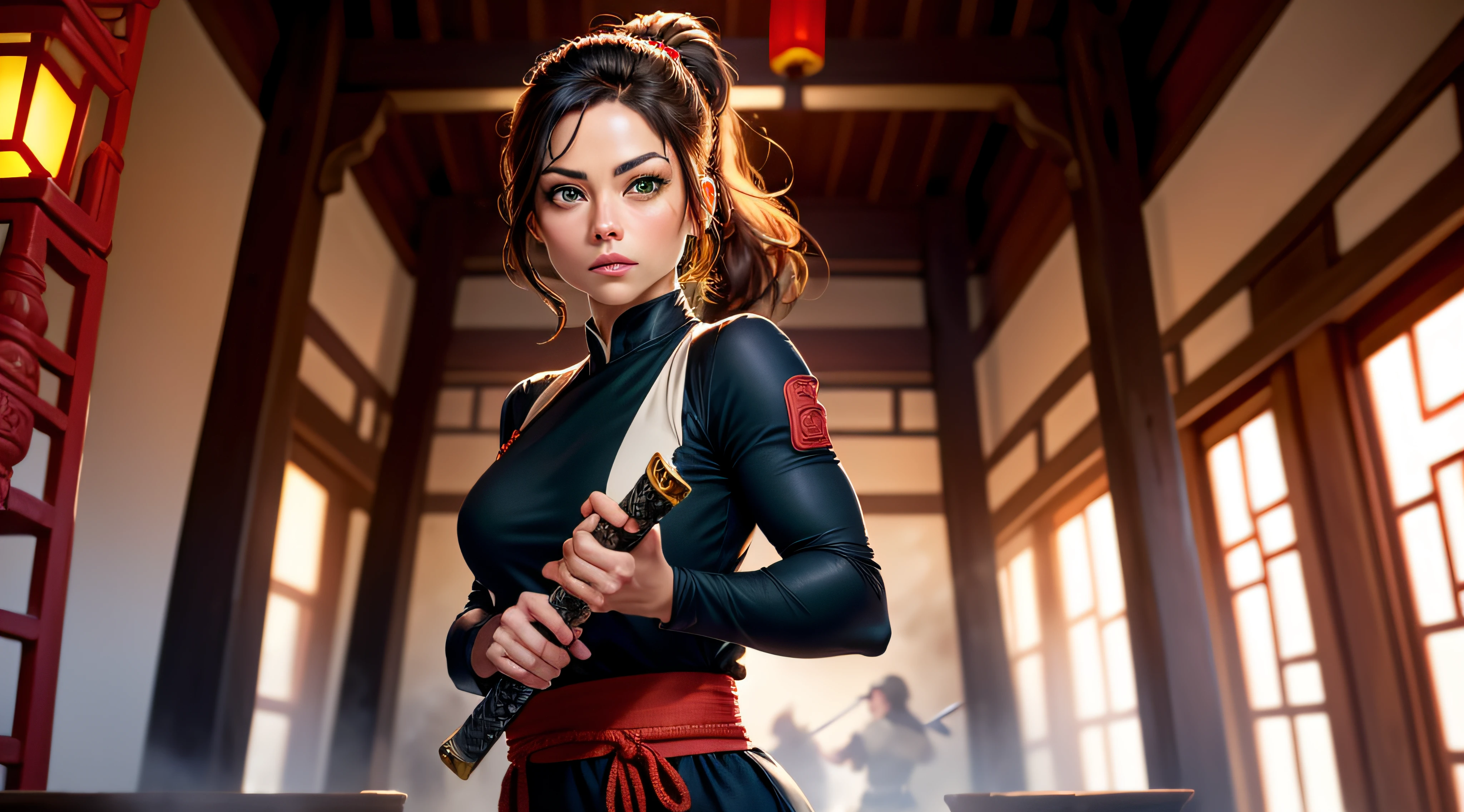 Kristin Kreuk, brunette with ponytail and green eyes, dans un costume noir de ninja se cachant dans l'ombre d'un temple chinois en plein jour avec un katana dans les mains. lighting cinematic. Angle dramatique. Best quality. highly detailed. looking at the camera. Chef d'oeuvre.