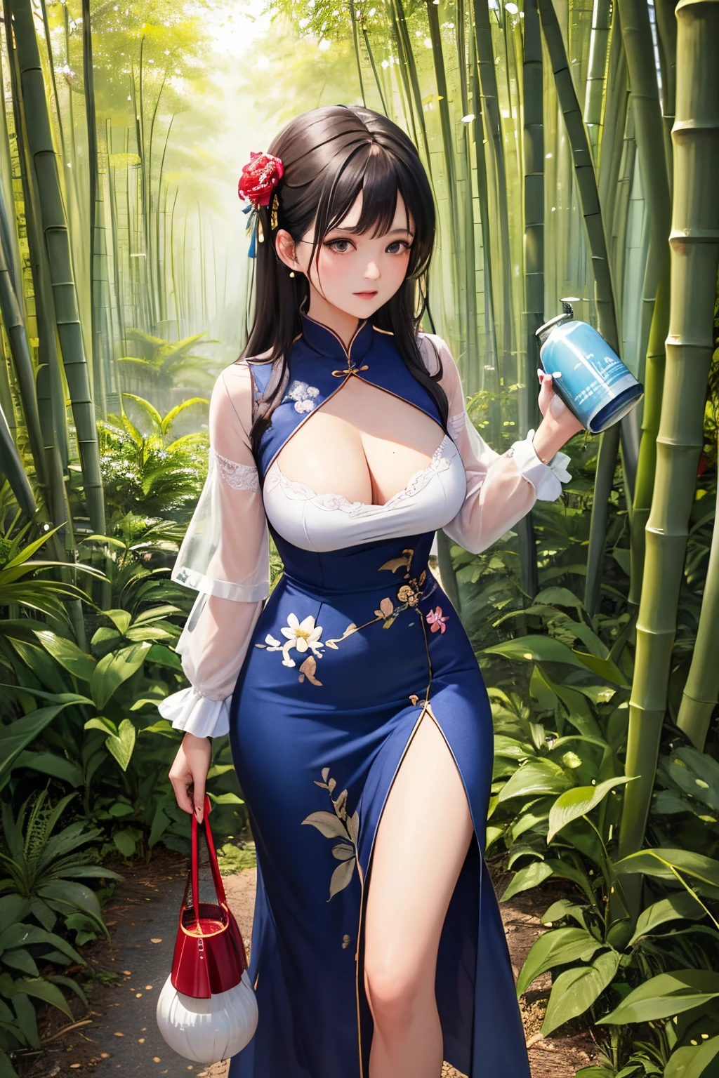 ((Best quality at best)),China-style,Beside the bamboo forest,Sunlight shines through the gaps in the bamboo leaves onto the sea of flowers,Look at the flowers,A woman carries a jug of wine,Walk through the bamboo forest,Side close-up,Lace gloveig breasts,