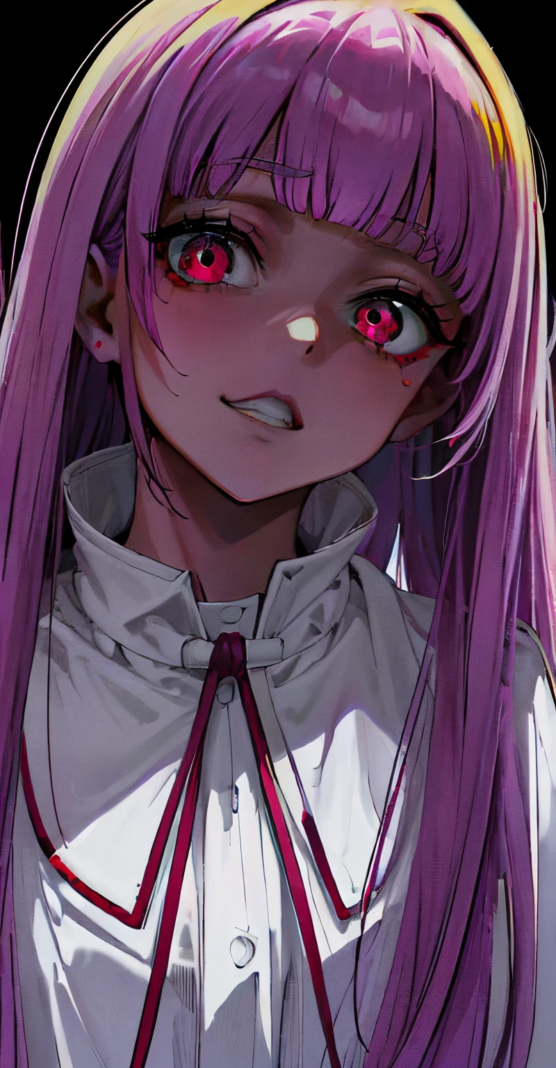 (un retrato), una chica La mejor calidad),, Closeup, fondo, color oscuros, highest qualityr, Detalles asombrosos, Arte lineal,, 80s anime style, miedo, horror, Teary, ((dientes puntiagudos))8k.gore, sangre