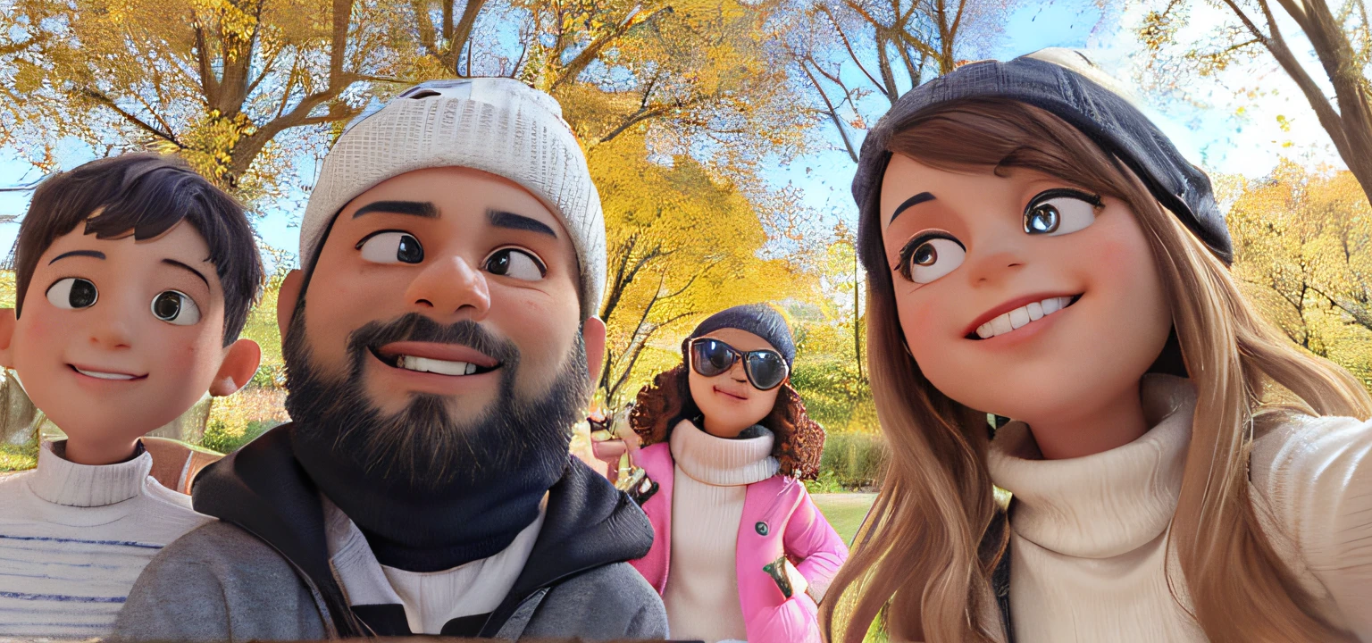 The image is a selfie taken in the fall in a Chicago park. It is a family of four persons. The husband, a wife, a daughter and the youngest is a male son. There are tall yellow trees in the background, some greenish bushes and it is a beautiful day. The son is on the left of the selfie with dark hair. The husband is to the right of the son, and he is the one taking the selfie. The husband has a dark gray fleece on, a beanie and has a beard. The daughter is to the right of the husband in the back with curly hair, a pink coat, she has a black beanie and her eyes cannot be seen because she has sunglasses on. The wife is to the right of the selfie, she is smiling and has a long sleeve turtleneck shirt on. Please recreate this image as Disney Pixar cartoon characters.