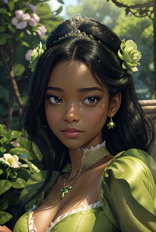 Princess Tiana (from the Princess and the Frog) best quality,realistic,portrait,beautiful detailed eyes,beautiful detailed lips,extremely detailed eyes and face,long eyelashes,black hair,green dress,elegant pose,garden background,colorful flowers,sunshine,soft lighting