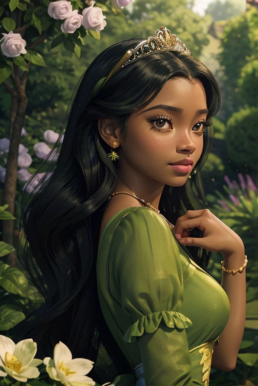 Princess Tiana (from the Princess and the Frog) best quality,realistic,portrait,beautiful detailed eyes,beautiful detailed lips,extremely detailed eyes and face,long eyelashes,black hair,green dress,elegant pose,garden background,colorful flowers,sunshine,soft lighting