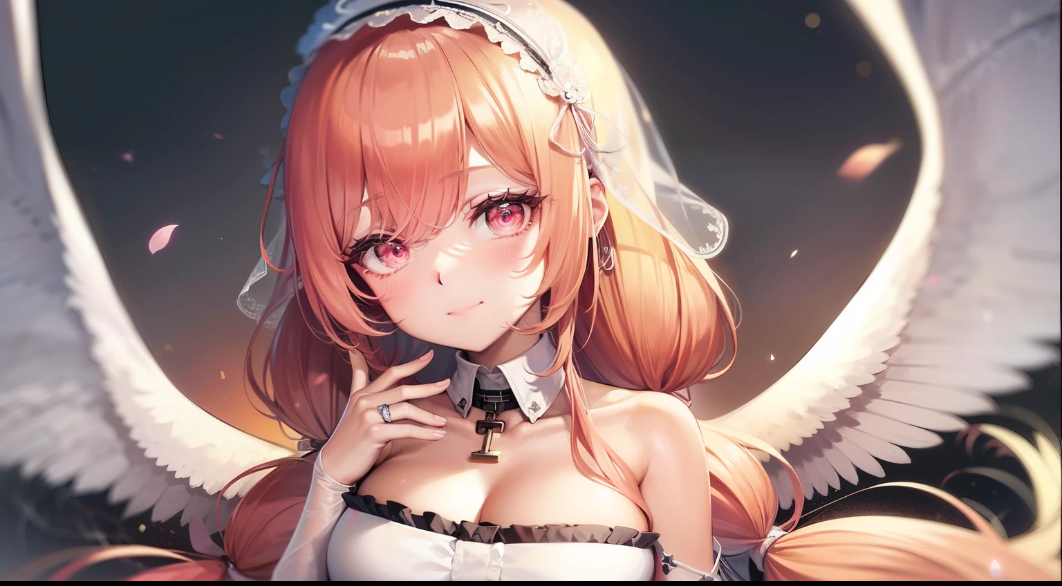 high detail, symmetrical, masterpiece, best quality, perseusorigin, seductive smile, detailed eyes, beautiful, detailed hands, better hands extremely detailed, whithe _dress, angel_wings, white_legwear 1girl, solo, pink hair, long hair, looking at viewer, breasts, same eye colour, wedding dress, outdoors, bridal veil, long dress, white dress, hoop skirt, clover