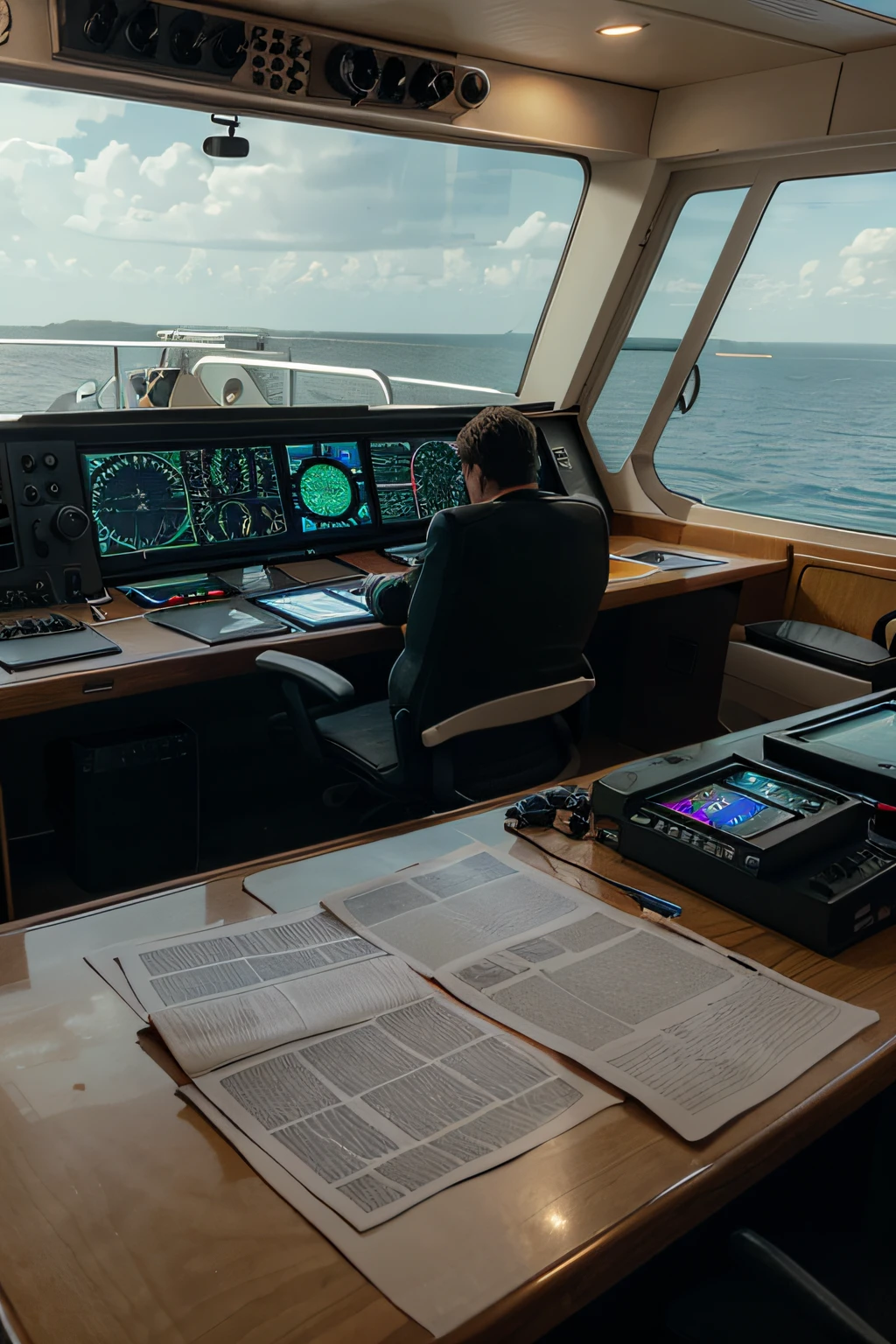 arafed control room with a lot of control panel and a lot of papers, navigation command center, ship interior, the robot captain of a ship, ship control panel close-up, inside large window of ship, inside an empty ship, looking straight forward, cockpit, rugged ship captain, in a ship, looking towards the horizon