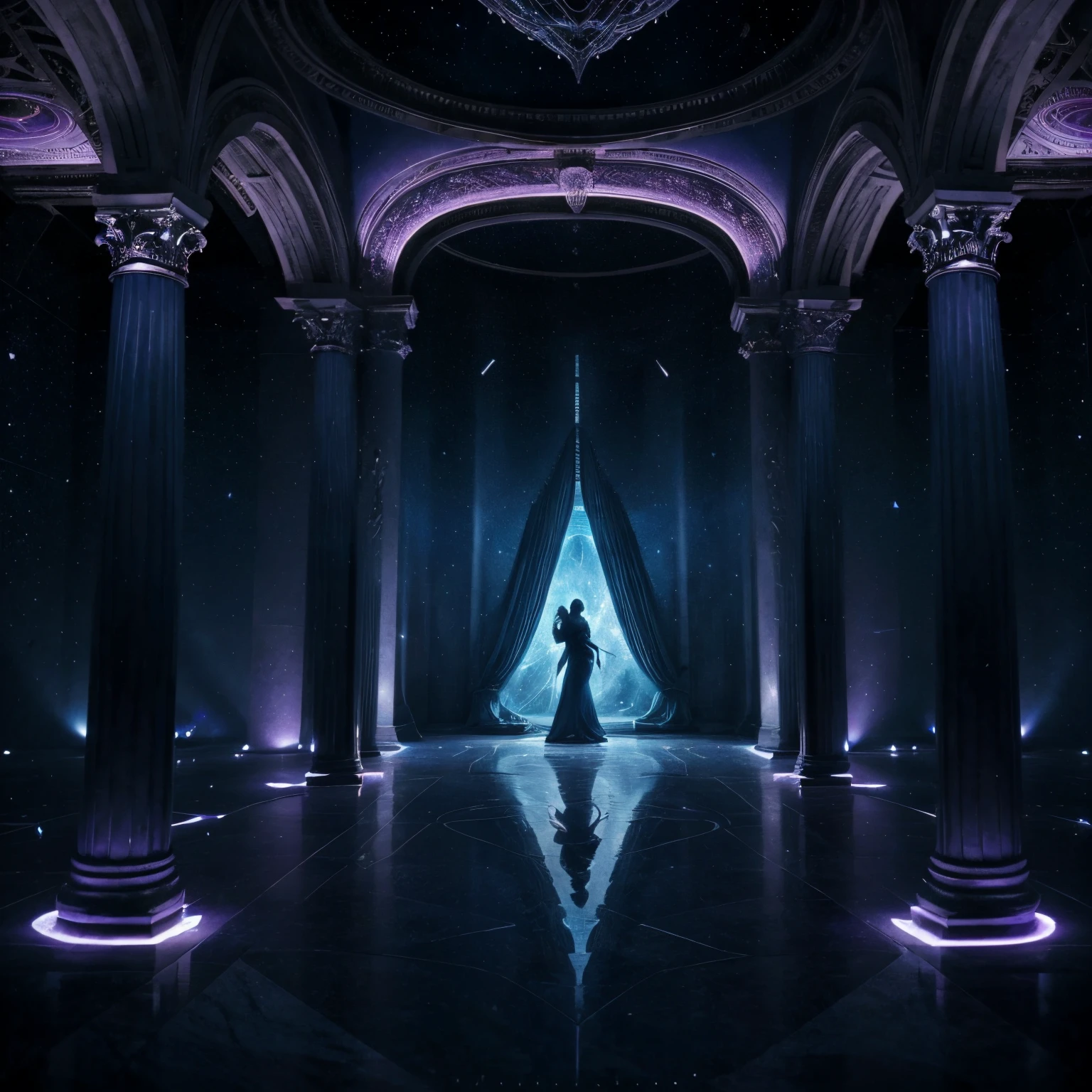 Crie Imagem: Cosmic Dance of Perspectives, whose objective is: Capture the climax of the philosophical battle between adventurers and creatures of dissonance in Quantum Ancient Greece. And the Image style is: Arte conceitual surreal, highlighting astral and philosophical elements. The colors in the image are: Shades of sky blue to represent the cosmic environment,
Touches of gold and silver reflecting harmony and philosophical imbalance,
Ethereal shadows in shades of violet and black. Image Elements with Positions and Sizes are: No centro, a Torre da Perspectiva e Verdades Desafiadoras, illuminated by an ethereal light. Aventureiros em primeiro plano, engaged in a philosophical dance of life and death with the astral creatures: The Harpies of Dissonance flying around, Gorgons of Reflected Chaos, reflecting distorted visions in their eyes. The Order and Relationship of Elements in the Image are: Aventureiros no centro, confrontando as criaturas astrais.
Harpias circulando a torre, creating an environment of sonic dissonance. Gorgons positioned at the ends, reflecting philosophical divergences. The Image Background Composition is: A starry sky, with constellations forming philosophical patterns and The Tower of Perspective highlighted against the cosmic vastness