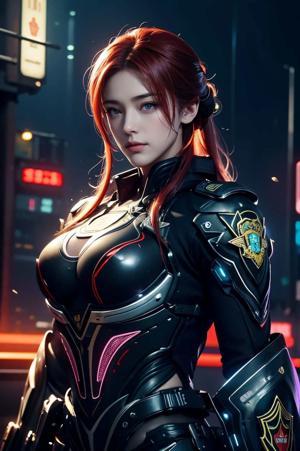 high high quality,A high resolution,masterpiece,8K,(Hyperrealistic photos),(Portrait),digital photography,(真实感:1.4),20岁女孩,exquisite facial features,a purple eye,Red Eyeshadow,((Cyberpunk-style police officer)),Random hairstyles,(red tinted hair),Big breasts,Cleavage,(Sci-fi and realistic police uniforms,Cool police uniforms,Combat uniforms,Openwork design,power armour,Metal shoulder pads,complex clothing patterns,Exquisite police badge),Keep your mouth shut,Frowning,ssmile,Cold and serious,extremely detailed expression,realistic detail,Light magic,Photo pose,oc render reflection texture