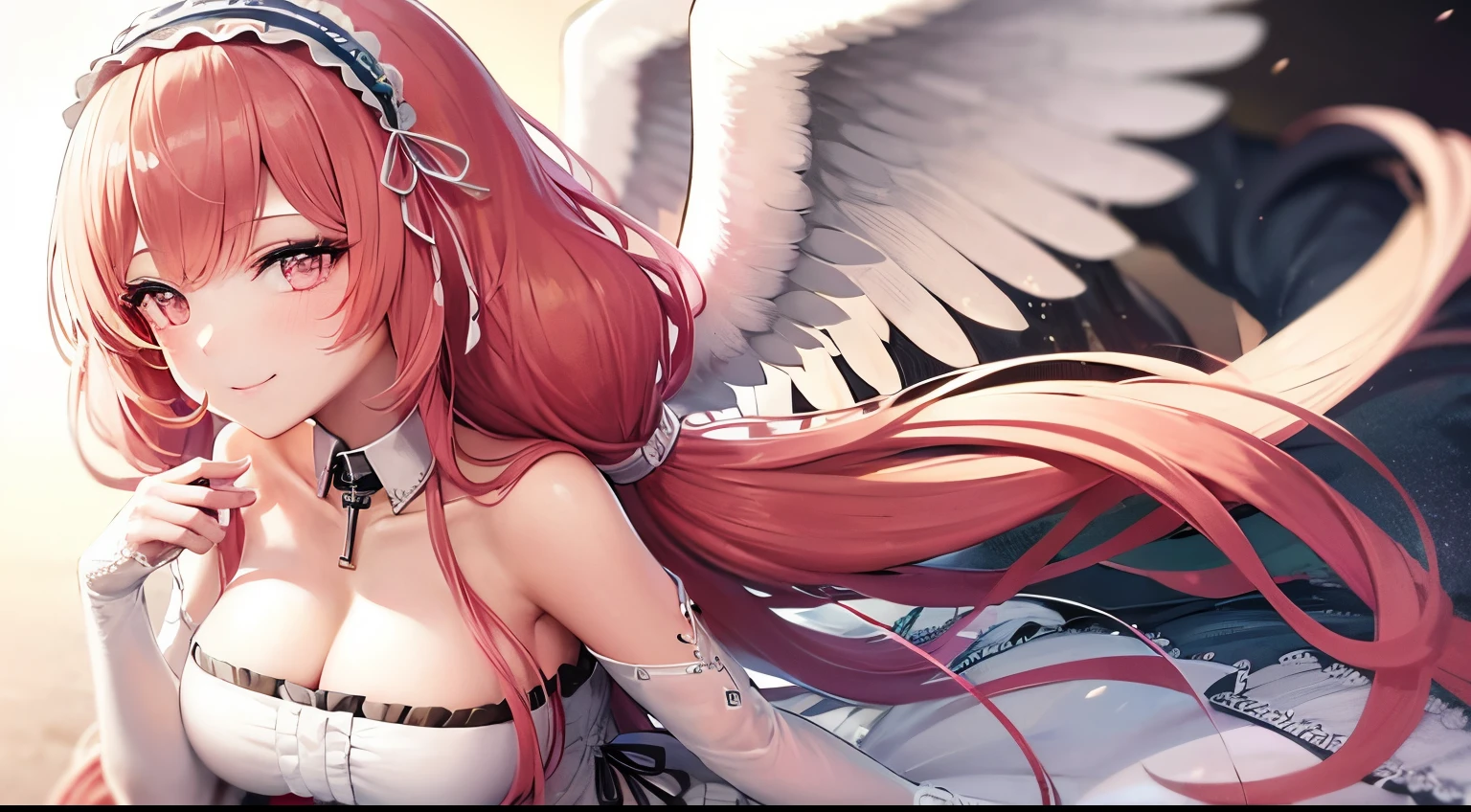 high detail, symmetrical, masterpiece, best quality, perseusorigin, seductive smile, detailed eyes, beautiful, detailed hands, better hands extremely detailed, whithe _dress, angel_wings, white_legwear 1girl, solo, pink hair, long hair, looking at viewer, breasts, same eye colour, wedding dress, outdoors, bridal veil, long dress, white dress, hoop skirt, clover