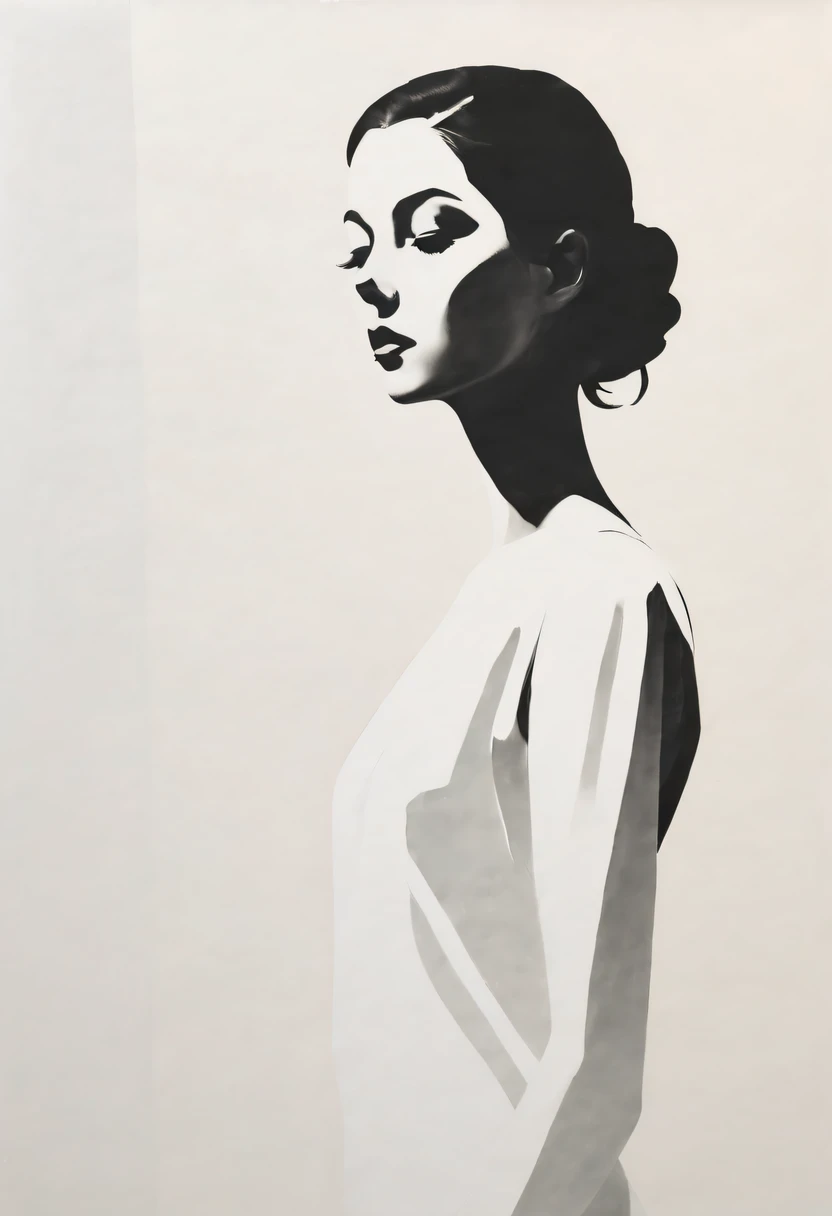 (maximalist:1.5)，Mono Color，A beautyful girl，siluette，abstract painting，Lots of white space