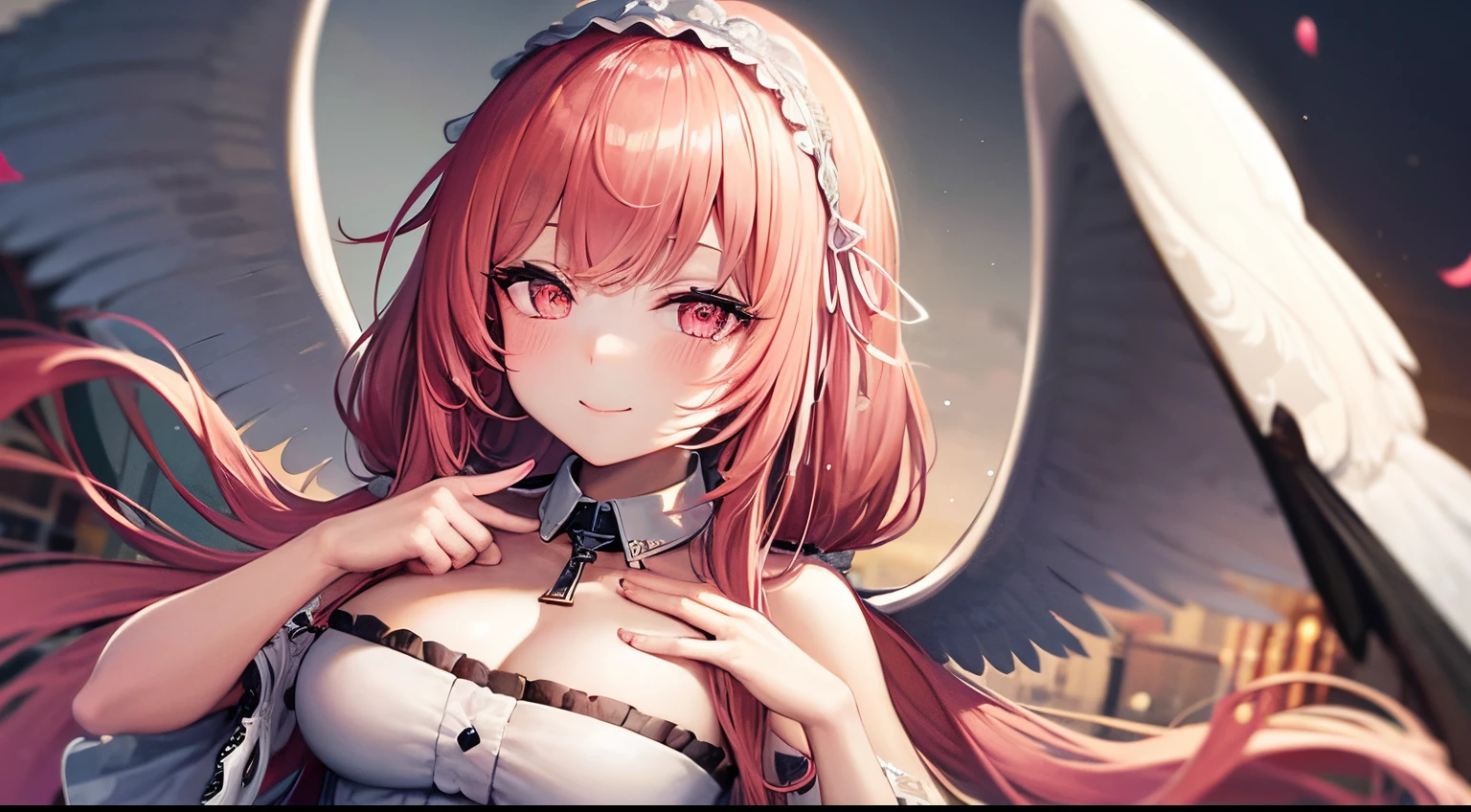 high detail, symmetrical, masterpiece, best quality, perseusorigin, seductive smile, detailed eyes, beautiful, detailed hands, better hands extremely detailed, whithe _dress, angel_wings, white_legwear 1girl, solo, pink hair, long hair, looking at viewer, breasts, same eye colour, wedding dress, outdoors, bridal veil, long dress, white dress, hoop skirt, clover