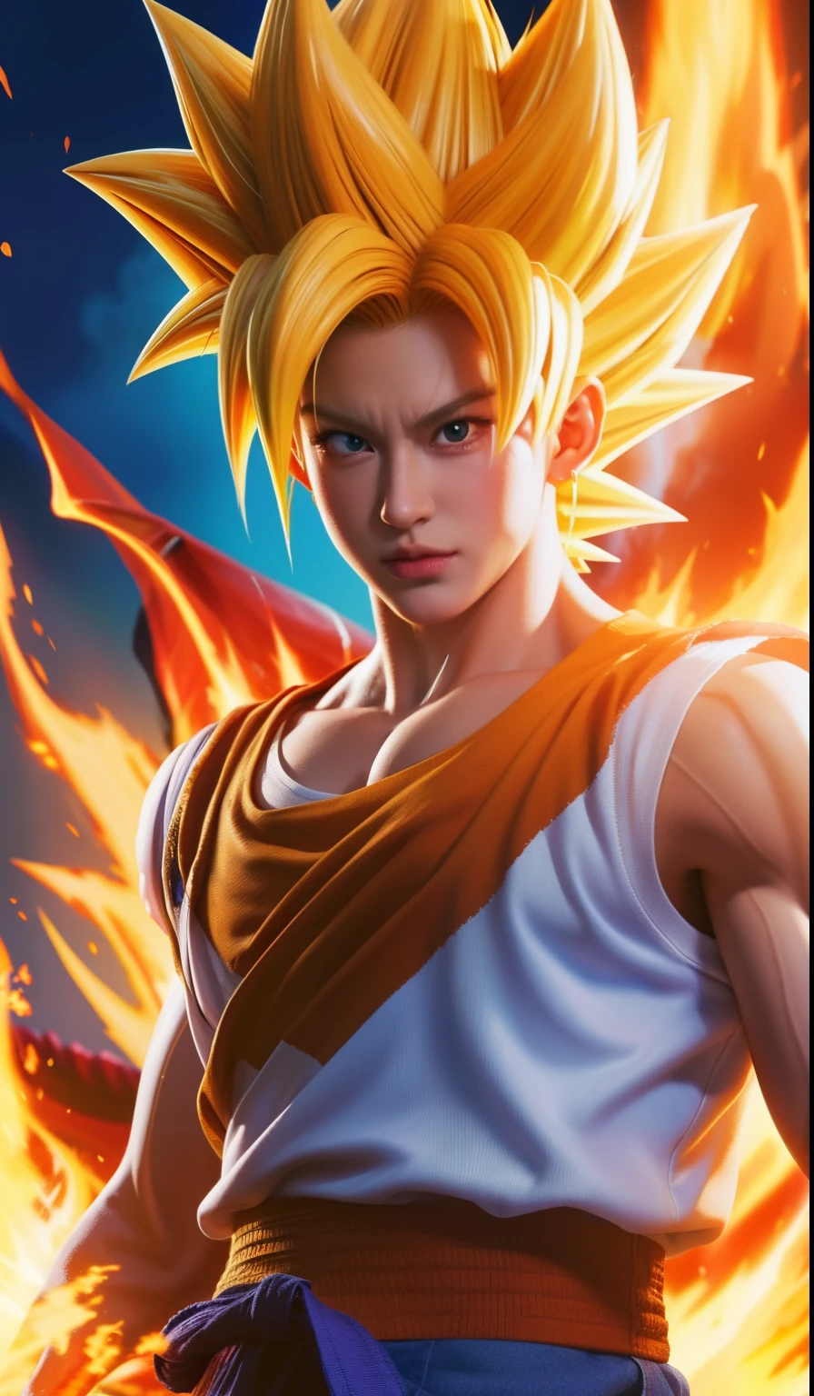 Realistic artwork .close up of a super saiyan gogeta with fire in the background, fanart, dragon ball z style, highly detailed realistic portrait, outstanding manga art style , hq artwork, Dragonball characters, realistic dragon ball art style.