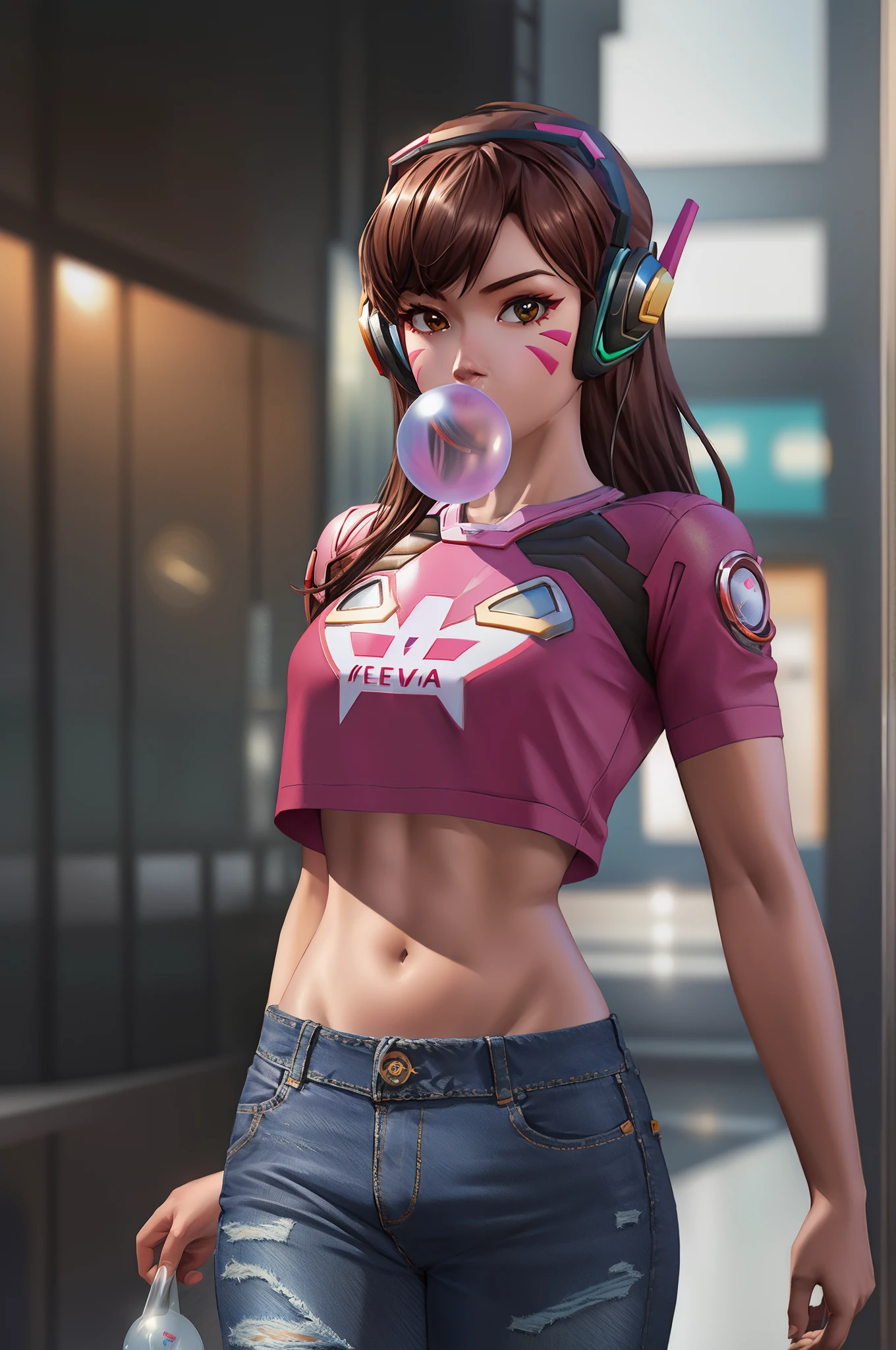 perfect eyes:1.2, detailed eyes:1.4, cowboy shot, blow bubble gum, d.va, crop top overhang, ripped jeans, long hair, brown hair, headphones, navel, whisker markings, casual clothes, 1girl, solo, (masterpiece:1.6, best quality), 8k, insane details, intricate details, hyperdetailed, hyper quality, high detail, ultra detailed, professional, HDR, ray tracing reflection, cinematic lighting,