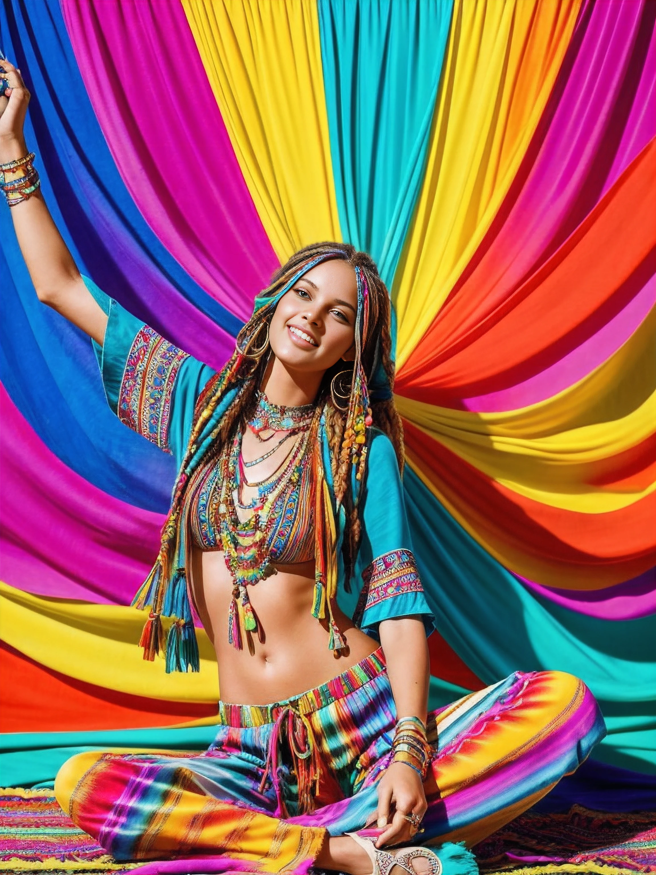 Beautiful woman, intricate hairstyle, curly hair, curls, beautiful chiseled figure, aesthetics of the female body, fractals, mandala, complex background, modern art, bright colors, explosion of colors, sexy pose, complex pose, steampunk elements
