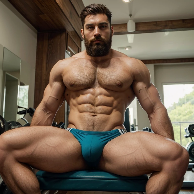 1 muscular man,hairy and bearded,short hair, and sexy face,beautiful eyes,Bulge Big in Adidas paints,suite gym clothes,macho legs,masterpiece,low quality photo,photo,real, I see I don't