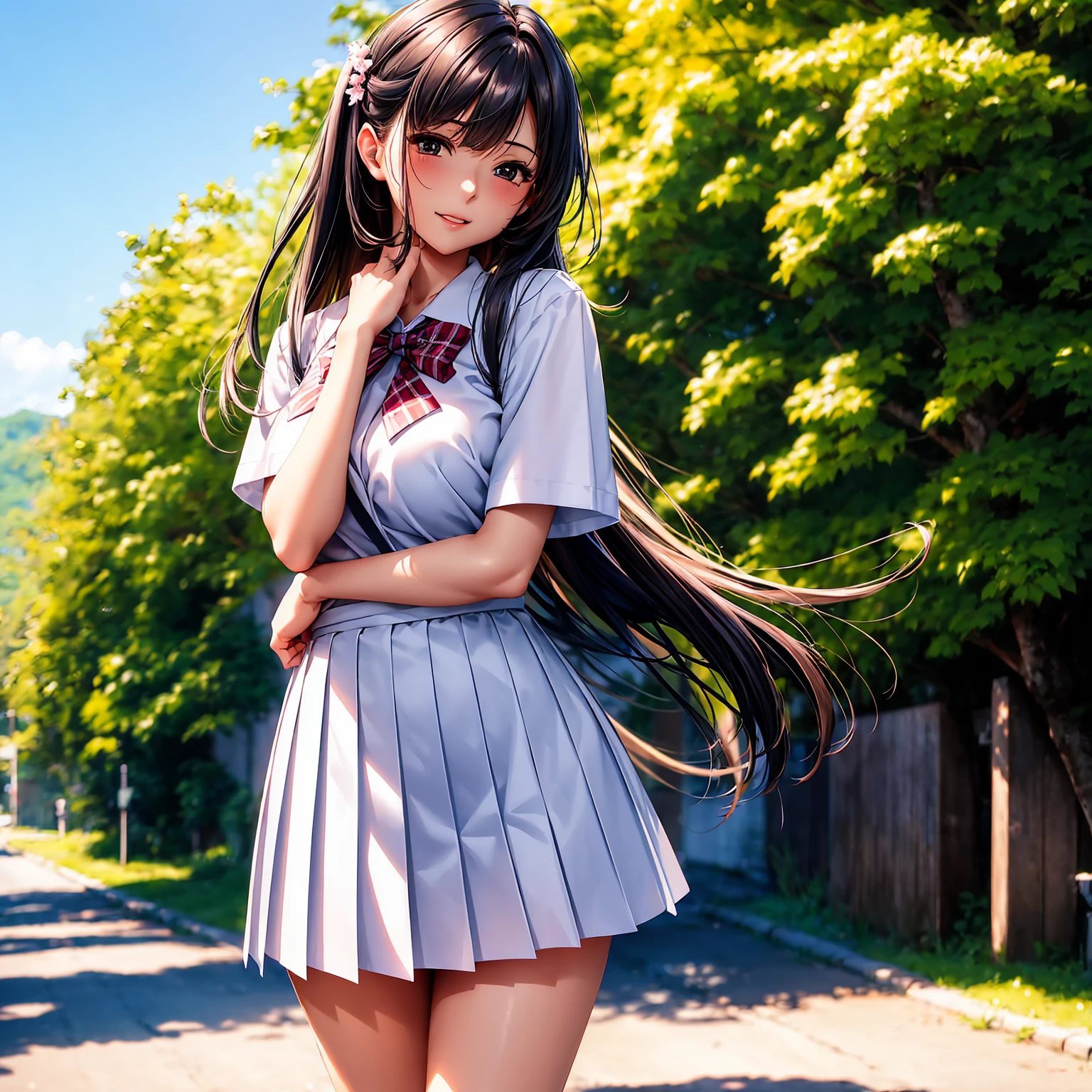 (tmasterpiece, beste-Qualit), 1Woman, 独奏, flower, hairlong, En plein air, mailbox, high school uniform,(no panty), ((The skirt was lifted by the wind)), jour, The sky, (view from bottom), short sleeves, parted lips, shirt, Cloud, black hair, Sun light, white shirt, serafuku, upper-body, from on the side, pink flower, blurry, brown-hair, blue skies, Depth of field