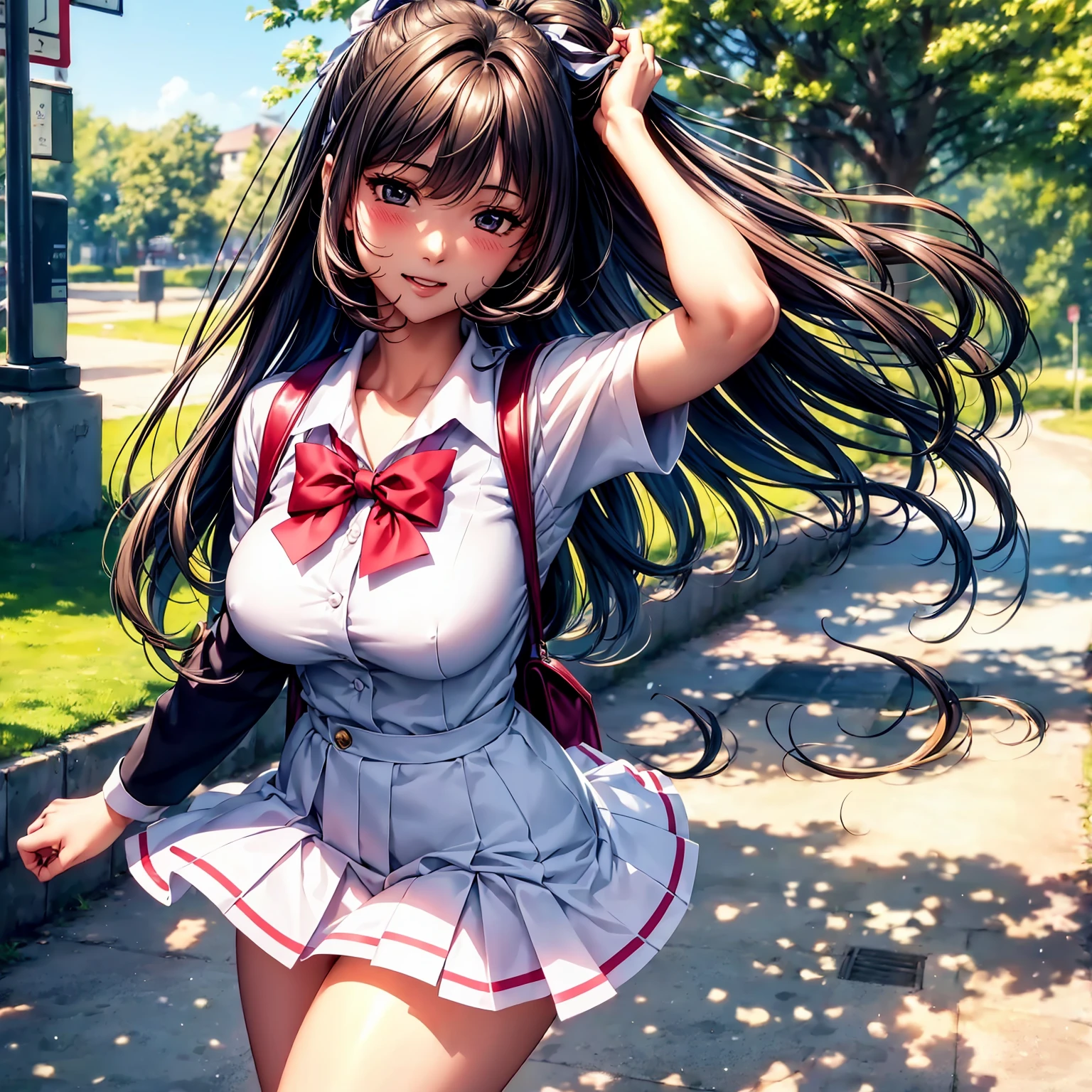 (top quality picture、masterpiece level、very high res、超A high resolution,High-quality detail)、(An 18-year-old beautiful girl with perfect and ultimate beauty.,beautiful breasts and body shape,Beautiful body,美丽的面容:1.5)、Wide variety of hairstyles,Beautiful hair,Realistic textures,beautiful colors,White shirt,bow ribbon,blazers,plaid pleated skirt(Wearing a Japan high school uniform,high-school uniform,School uniform,hi-school girl,schoolgirl),has a bright smile,line of sight,Mouth opens,The wind is blowing,Hair flutters under the influence of the wind,In front of the school gate at dusk,The cherry tree,Beautiful Landscapes,(The whole body,thigh visible,accurate anatomy、extremely detailed picture、Accurate images、Perfect Image 1.5)、beautiful anime woman, Beautiful Art Style, an animated character、(The whole picture、Detailed picture、Defect-free images、natural soft light、beautiful image),(Best Shot 1.2)