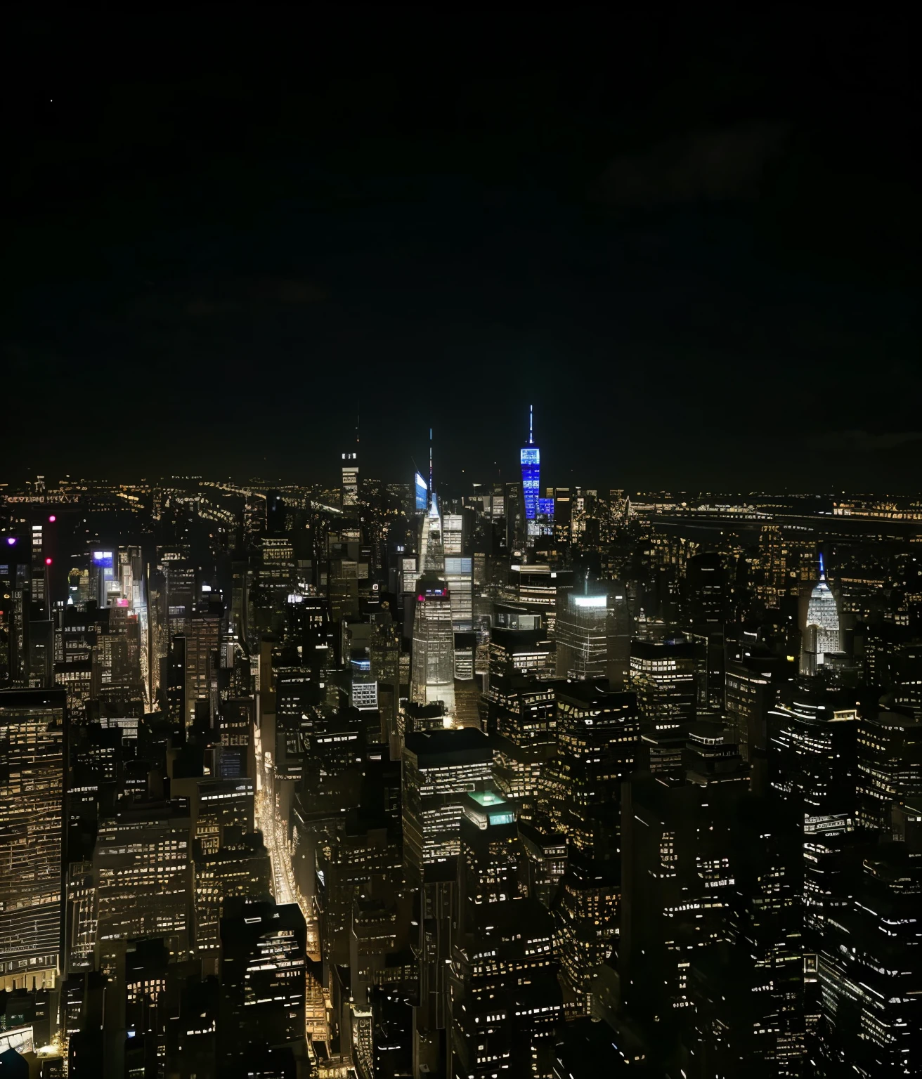 City night view with a blue and white building, Manhattan on top of skyscrapers, Empire State Building, , new york city at night, new york city as backdrop, 8K. View's padding, shiny city in the distance, Night video, 8K. fills most of the view