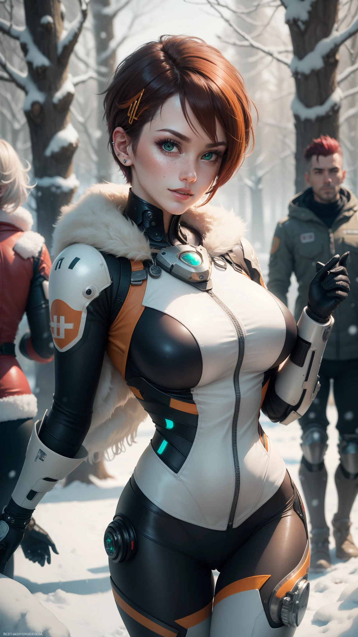 gwen tennyson,tracer,bulma,rebecca chambers,overwatch,atelier ryza,close up,christmas forest,tattoos,orange plugsuit,short sleeve pilot leotard,short sleeve cyborg pilot jacket,orange sport leggings,cyborg pilot leather corset,short hair,punk makeup,green eyes,multicolored silver hair,sexy smile,freckles,beautiful girl,large breasts,8k,ultra detailed,realistic,fantasy art,steel armor,cyborg armor,fur armor, eva pilot uniform,pilot scarf,pilot hair pin,ear piercings,christmas tree, military hand and neck jewelry,walking,(weather:snowing),close up,