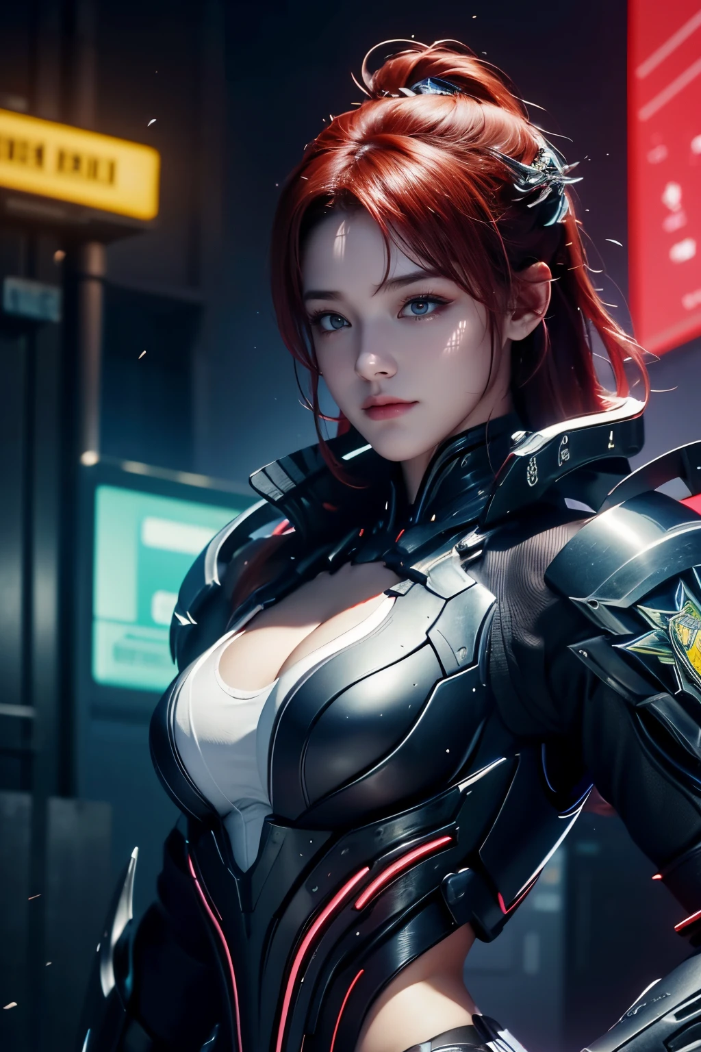 high high quality,A high resolution,masterpiece,8K,(Hyperrealistic photos),(Portrait),digital photography,(真实感:1.4),20岁女孩,exquisite facial features,a purple eye,Red Eyeshadow,((Cyberpunk-style police officer)),Random hairstyles,(red tinted hair),Big breasts,Cleavage,(An open police uniform with a mix of sci-fi and realistic style,With an open chest,Combat uniforms,Openwork design,power armour,Metal shoulder pads,complex clothing patterns,Exquisite police badge),(Show navel),Keep your mouth shut,Frowning,ssmile,Cold and serious,extremely detailed expression,realistic detail,Light magic,Photo pose,oc render reflection texture