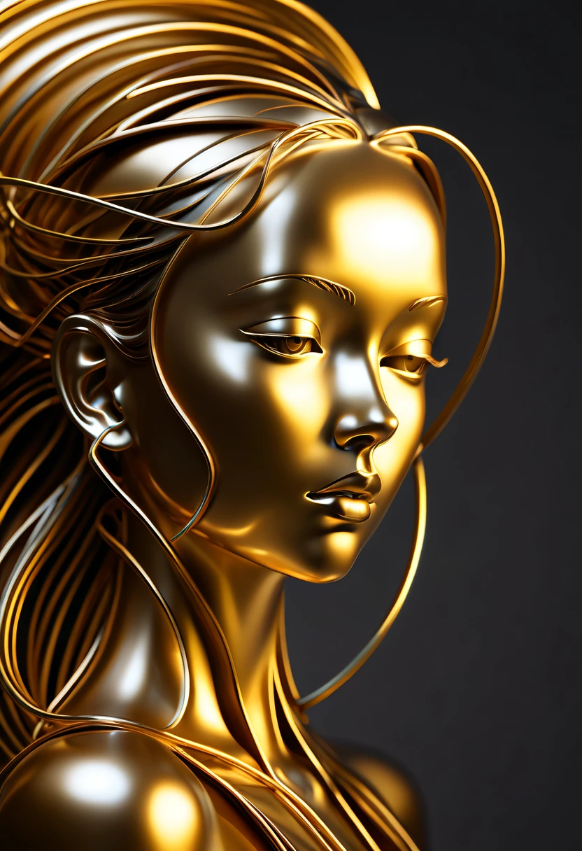 (maximalist:1.5)，(Metal sculpture of a beautiful girl:1.3)，(Lines are curved and smooth:1.2)，golden colored，(rainbowing:1.1)，abstract sculpture，minimalistic background，Line winding sculpture，(Best quality at best，ultra - detailed，Best Best Illustration，The best shadow，tmasterpiece，A high resolution，professionalartwork，famousartwork），heavy metal style，Post-industrial style，A futuristic，Delicate curves,Stylized abstract sculpture of beautiful girl,heavy metal style，postmodern industrial style，hyper realisitc，metallic  luster，metalictexture