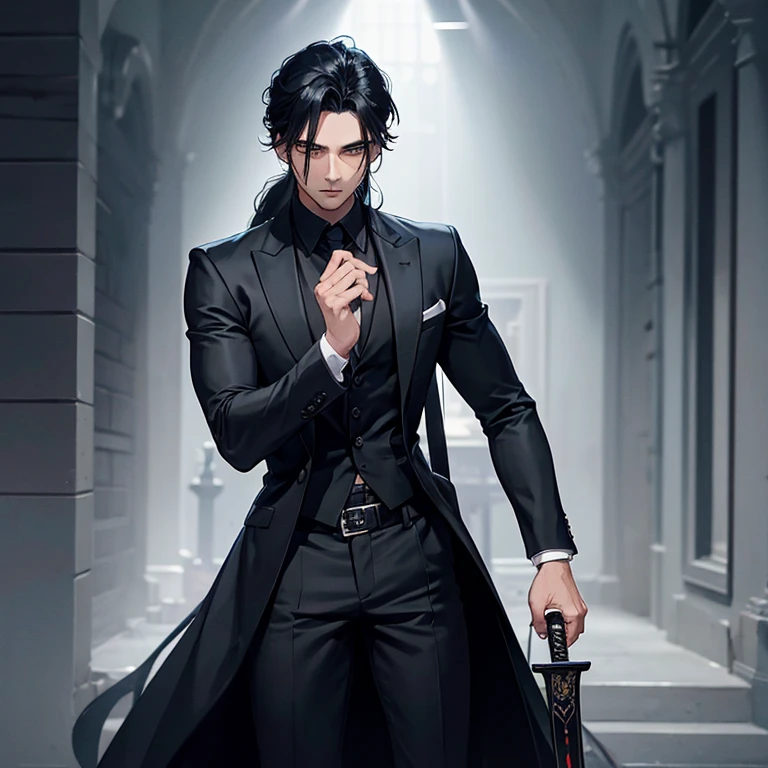 A man in black suit, 20 years old, black hair, long hair tied, indonesian, fit body, 170 cm tall, wearing 5 ring on his fingers, held  black sword, gloomy face, background haunted house, handsome, fair skin